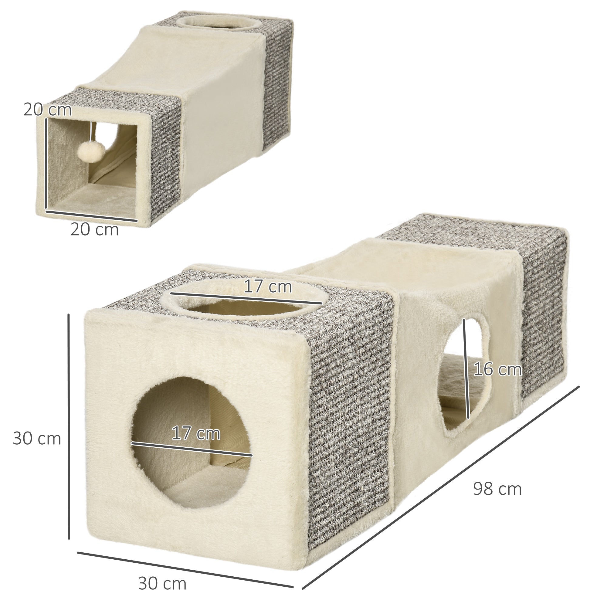 Túnel para Gatos com Bola Suspensa - 98x30x30 cm - Creme e Cinza