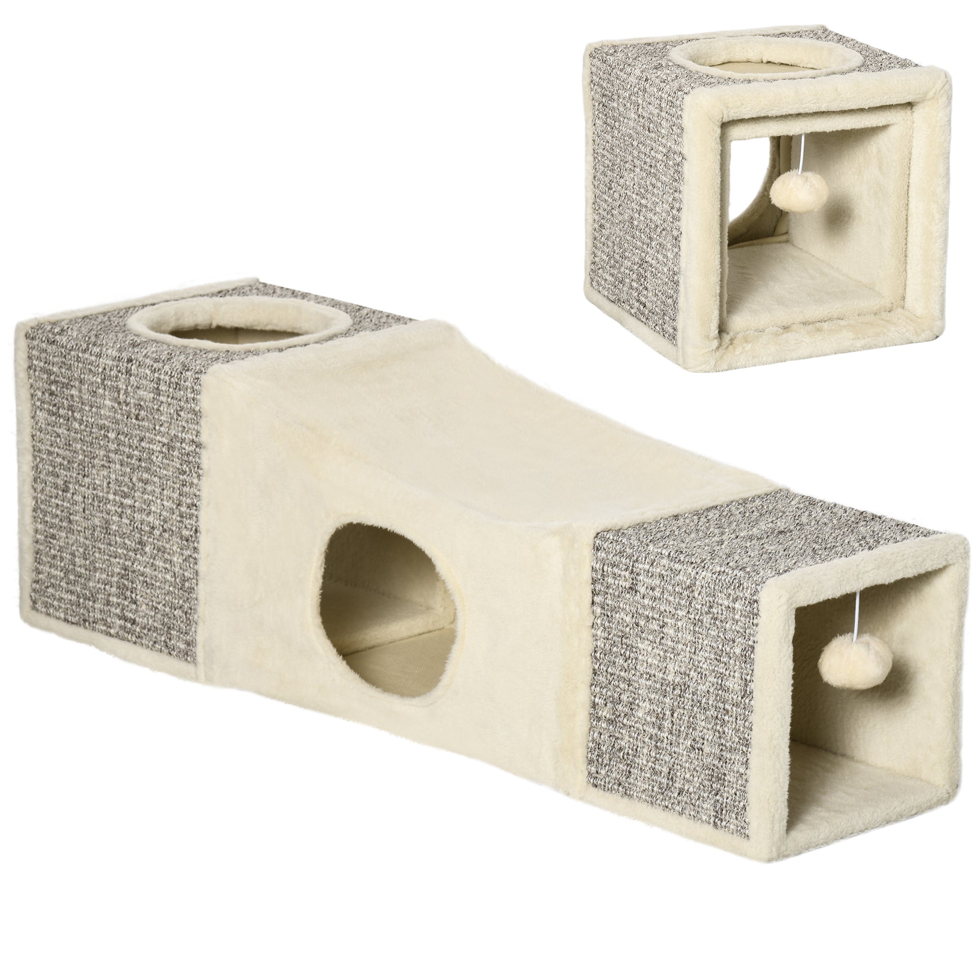 Túnel para Gatos com Bola Suspensa - 98x30x30 cm - Creme e Cinza