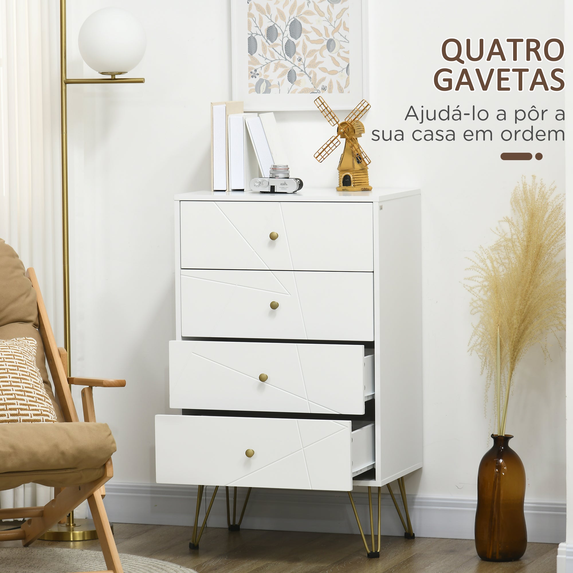 Cómoda Moderna de Madeira 4 Gavetas 60x40x100 cm Branco