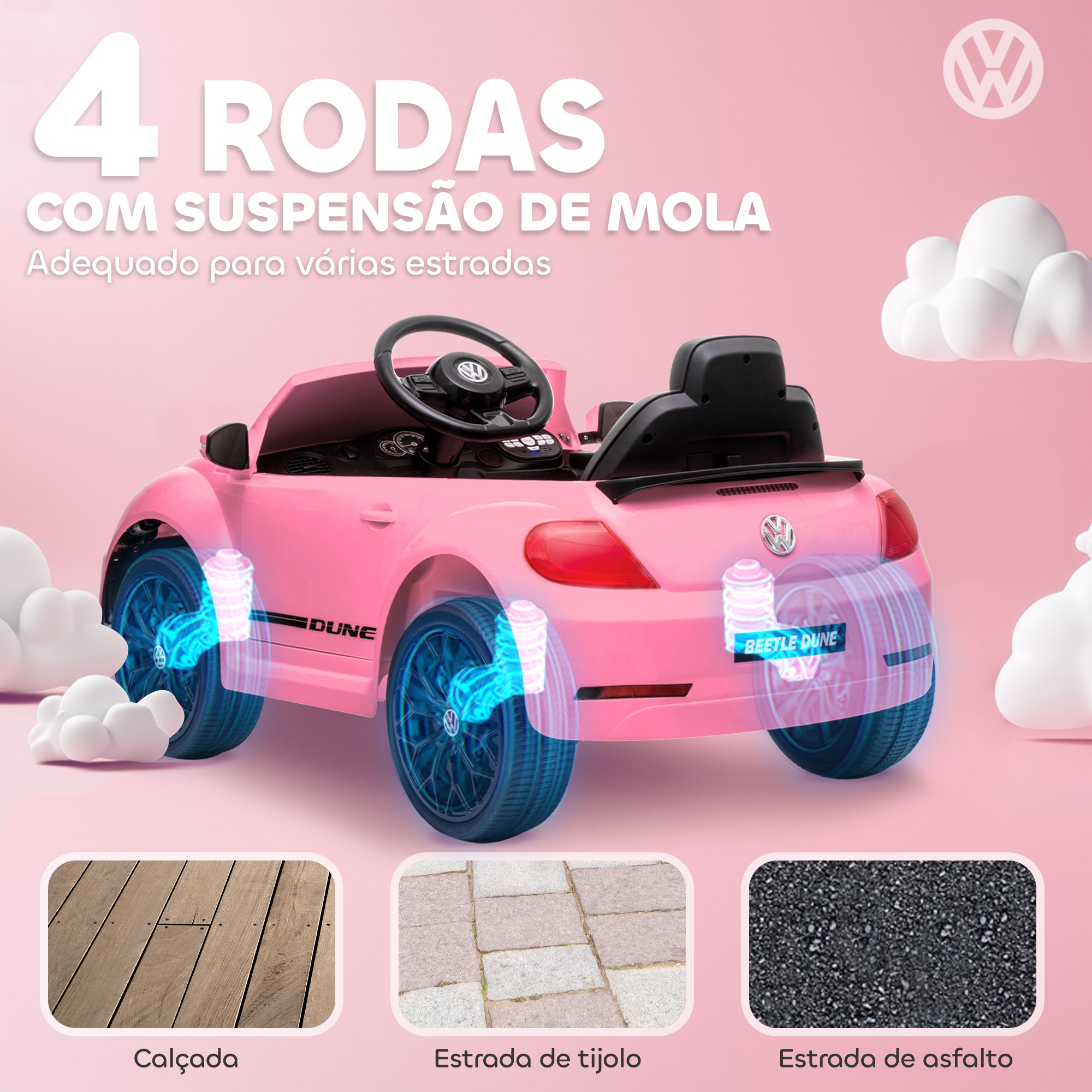 Carro Elétrico Infantil Rosa 97x56,5x46 cm - Licença Volkswagen Beetle