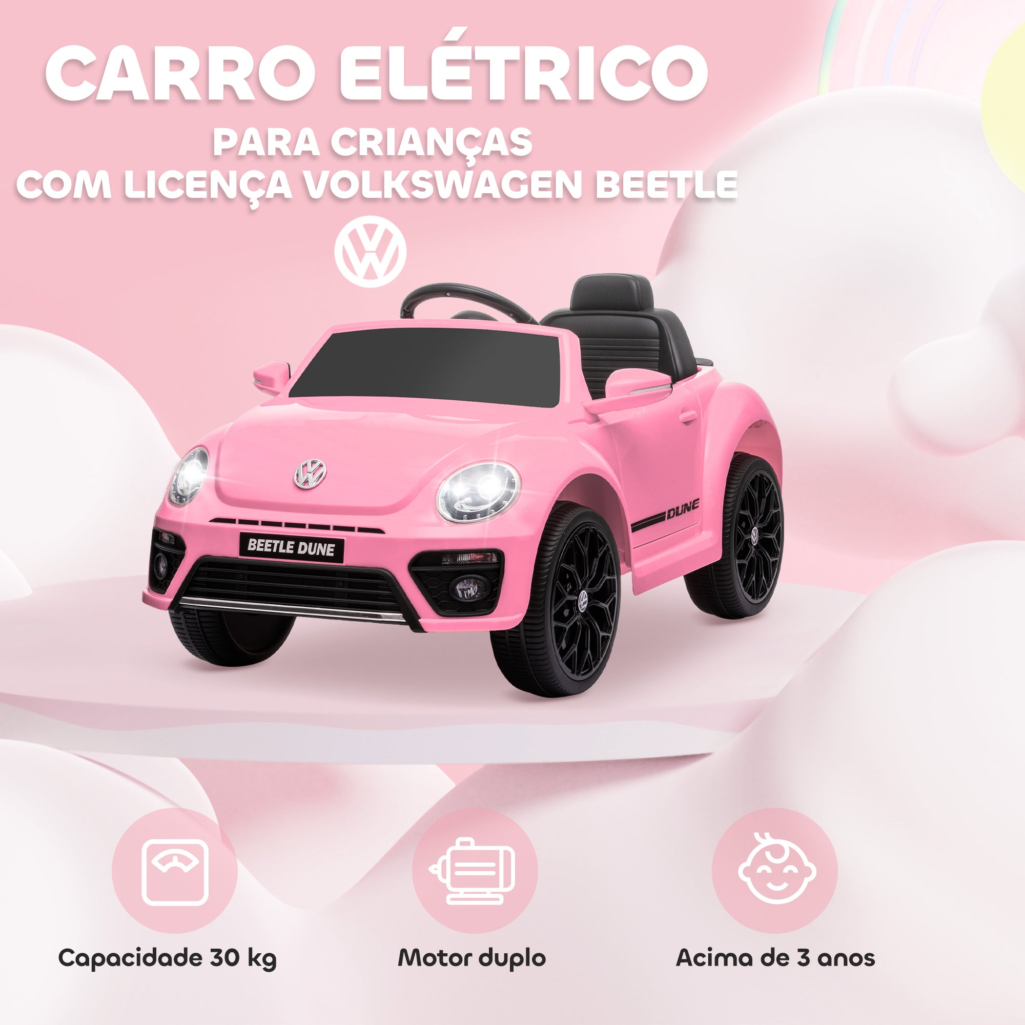 Carro Elétrico Infantil Rosa 97x56,5x46 cm - Licença Volkswagen Beetle