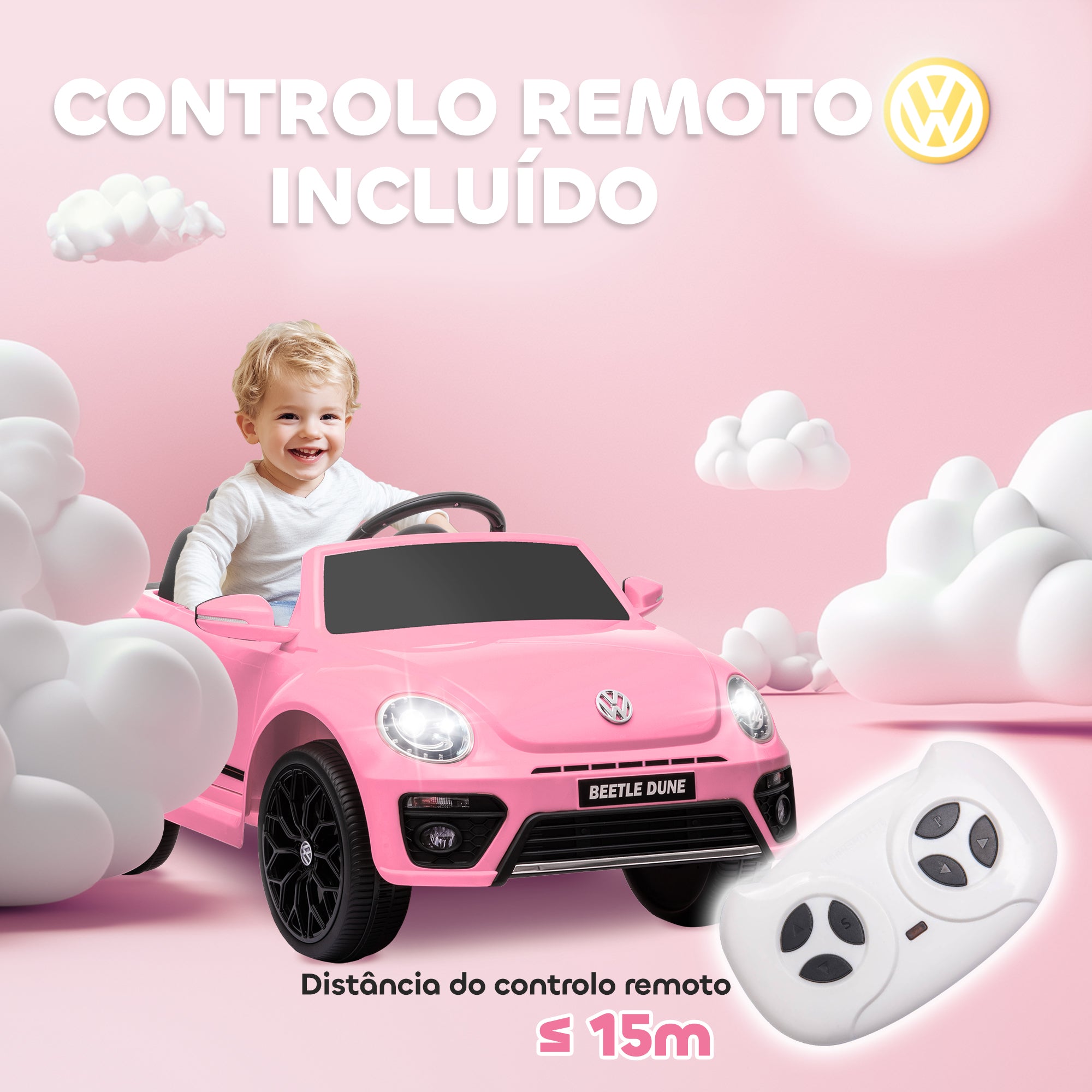 Carro Elétrico Infantil Rosa 97x56,5x46 cm - Licença Volkswagen Beetle