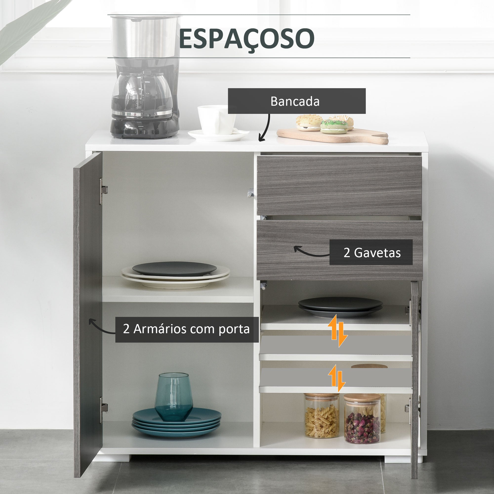 Aparador Auxiliar Cinza 79x36x74cm com 2 Portas, 2 Gavetas e Prateleira Ajustável