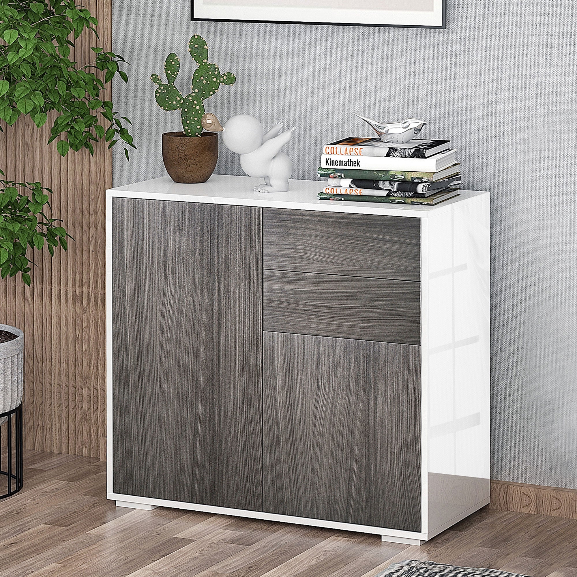 Aparador Auxiliar Cinza 79x36x74cm com 2 Portas, 2 Gavetas e Prateleira Ajustável