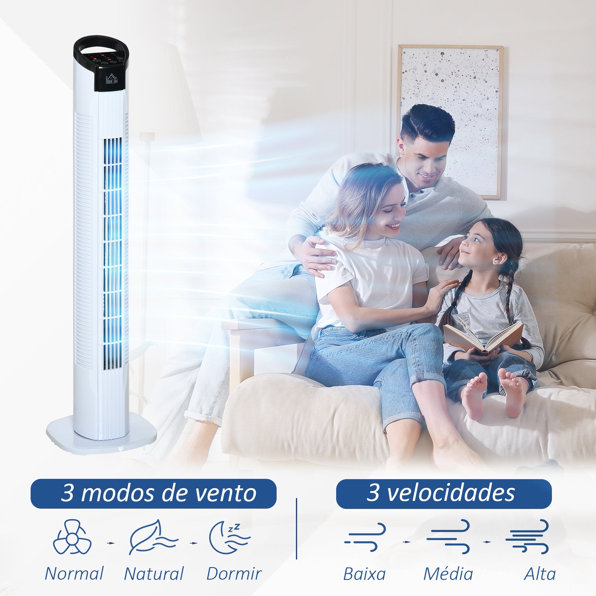 Ventoinha de Coluna Branca Ø20x78,5 cm - 3 Velocidades e Controlo Remoto