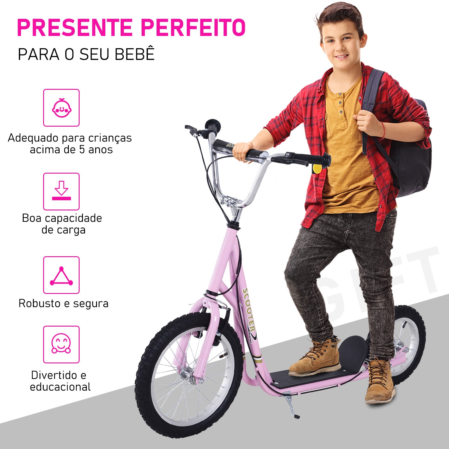 Trotinete para Crianças acima de 5 anos com 2 Rodas Grandes e Duplo Freio - 125x58x100 cm - Rosa
