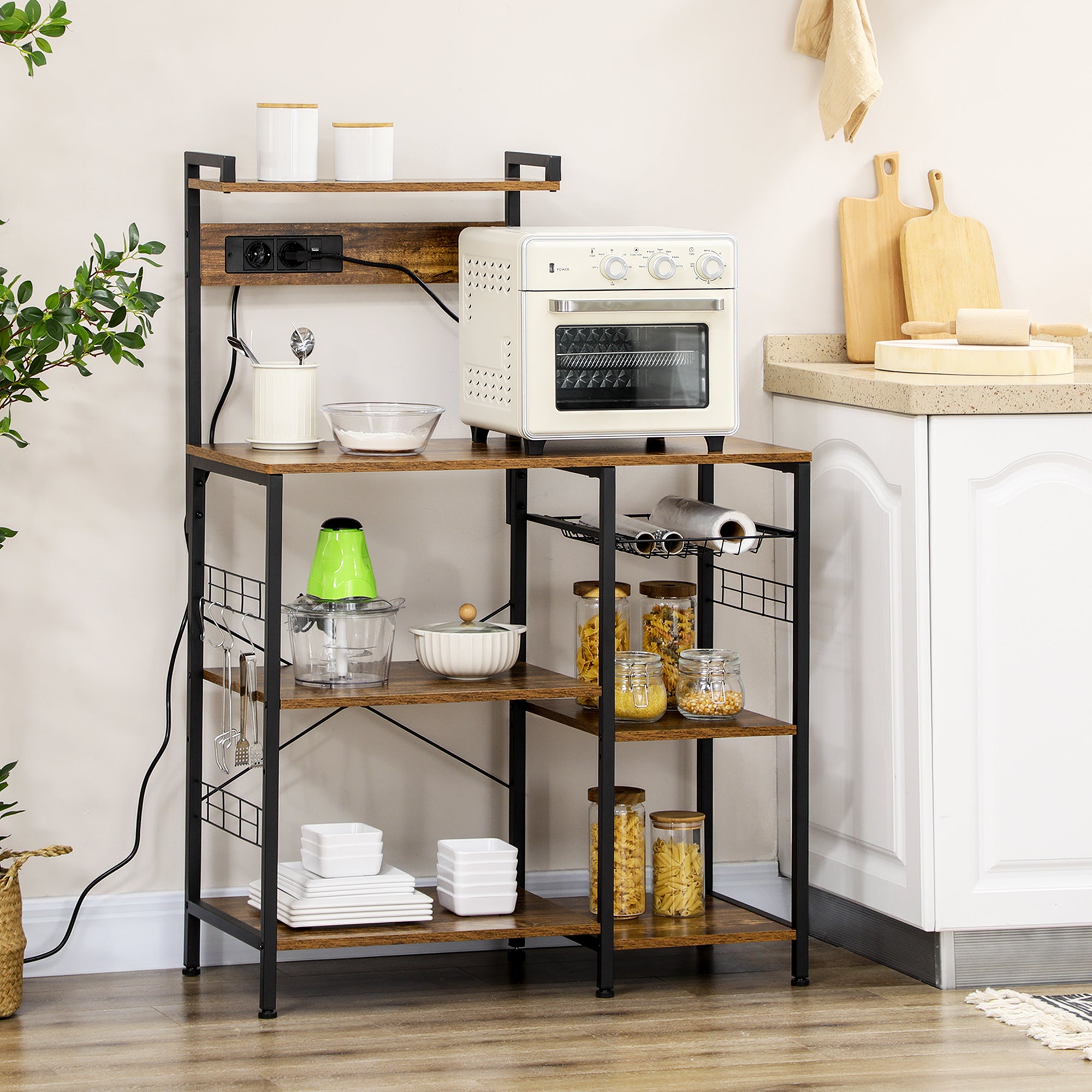 Estante de Cozinha – 90x42x130 cm – Marrom rústico – Melamina e aço
