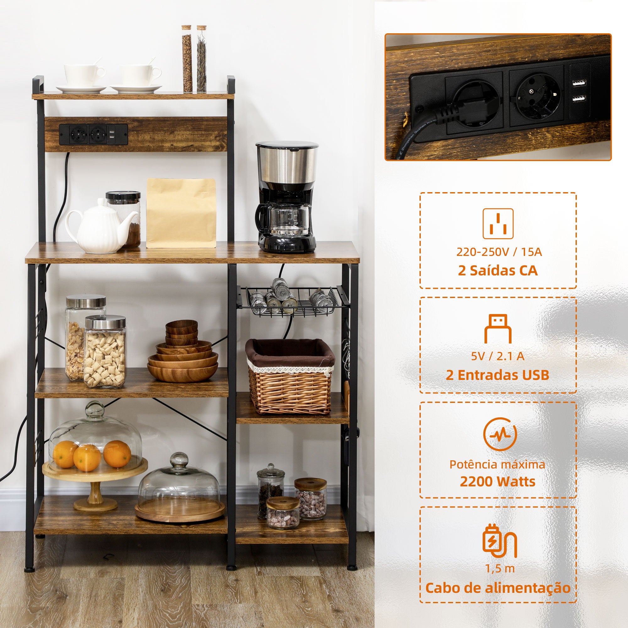 Estante de Cozinha – 90x42x130 cm – Marrom rústico – Melamina e aço