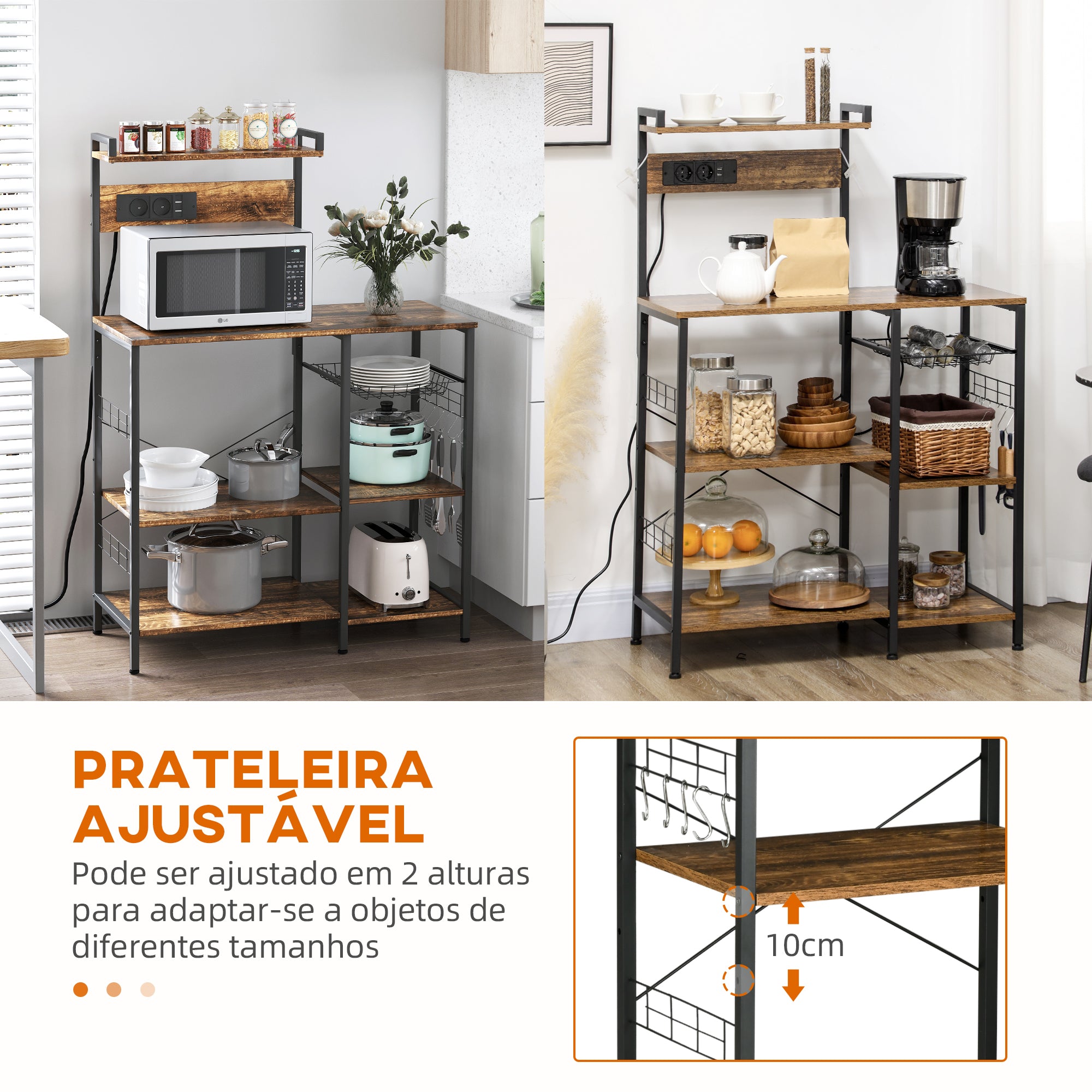 Estante de Cozinha – 90x42x130 cm – Marrom rústico – Melamina e aço