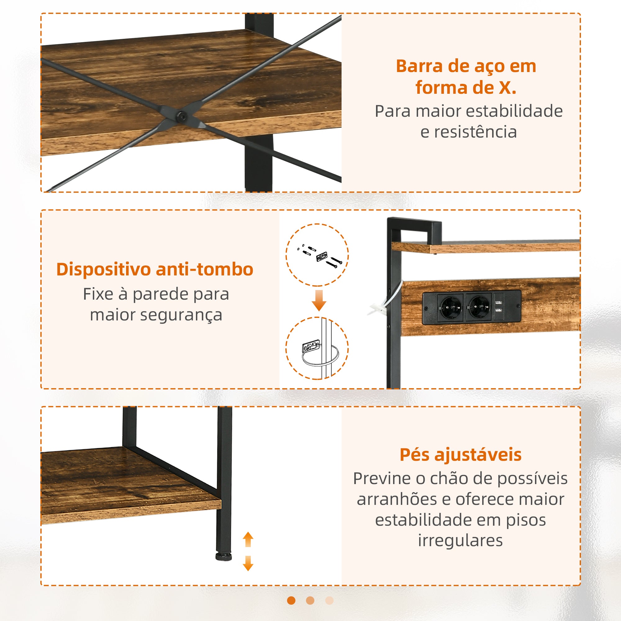 Estante de Cozinha – 90x42x130 cm – Marrom rústico – Melamina e aço