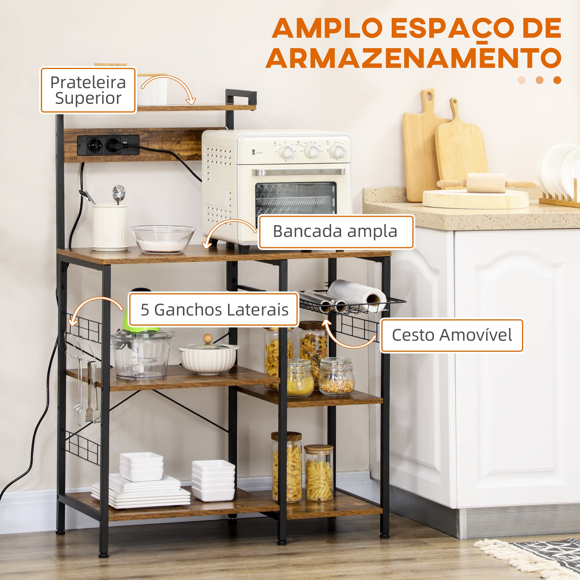 Estante de Cozinha – 90x42x130 cm – Marrom rústico – Melamina e aço