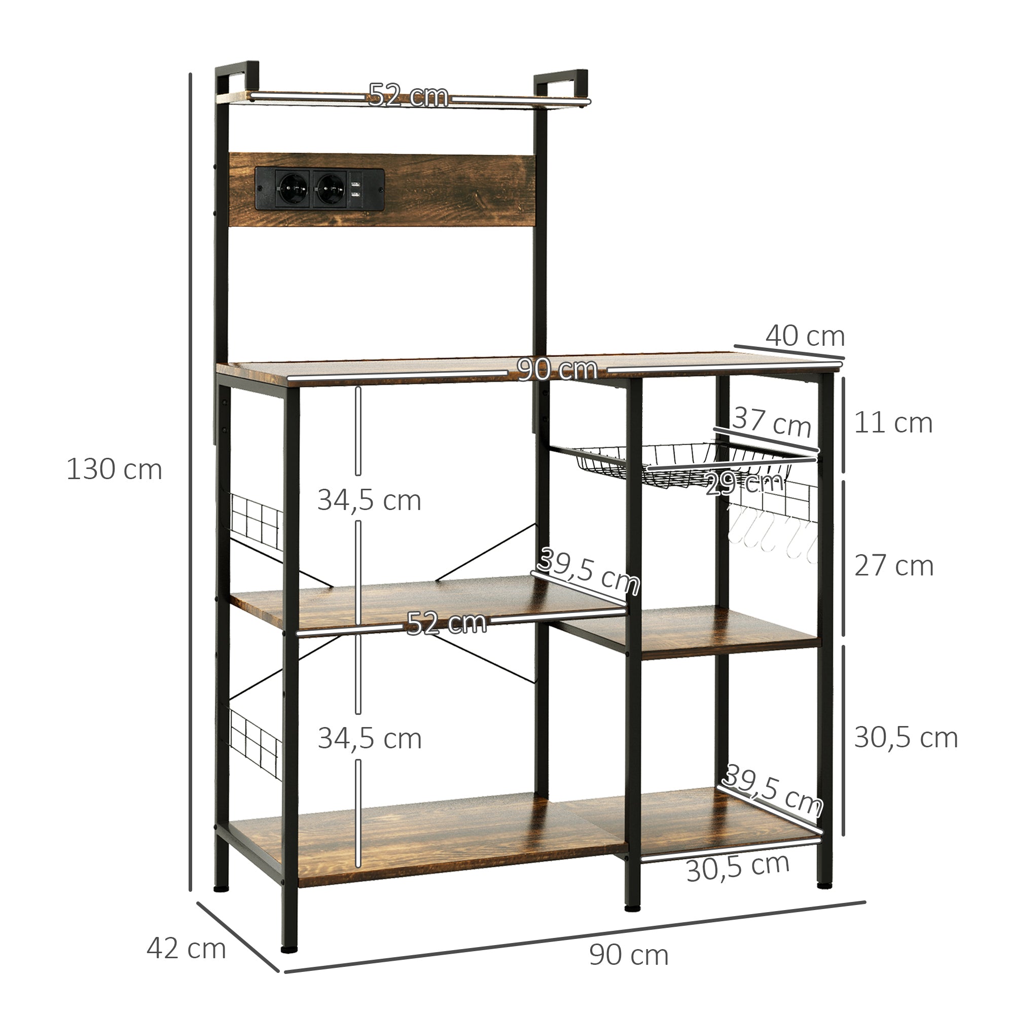 Estante de Cozinha – 90x42x130 cm – Marrom rústico – Melamina e aço