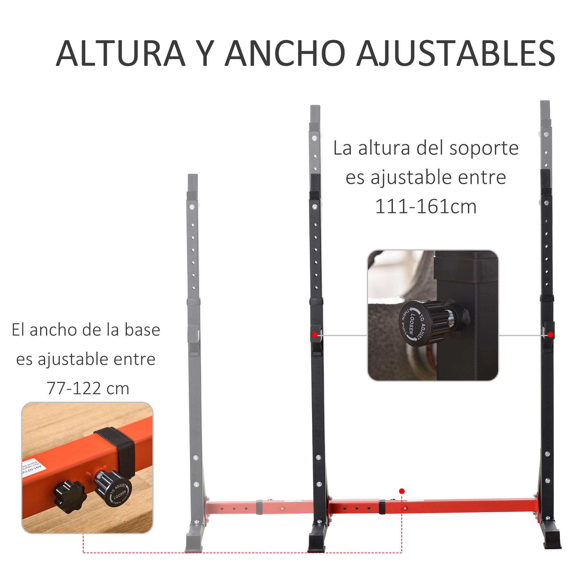 Suporte Ajustável para Barras de Peso - 122x73x171cm - Preto e Vermelho