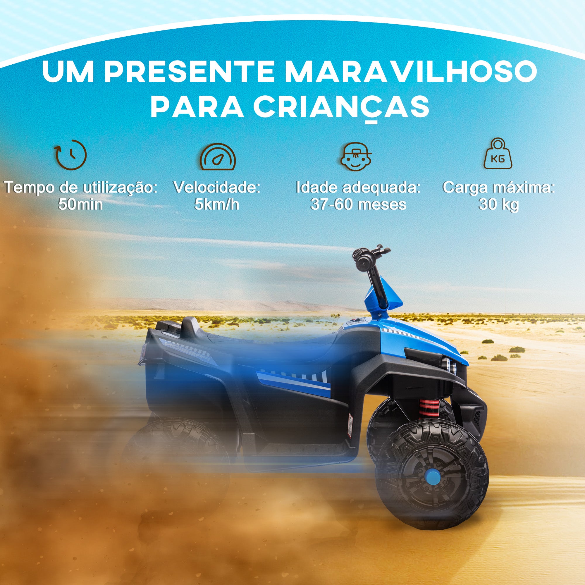 Quadriciclo Elétrico para Crianças 85x55,5x62 cm Azul