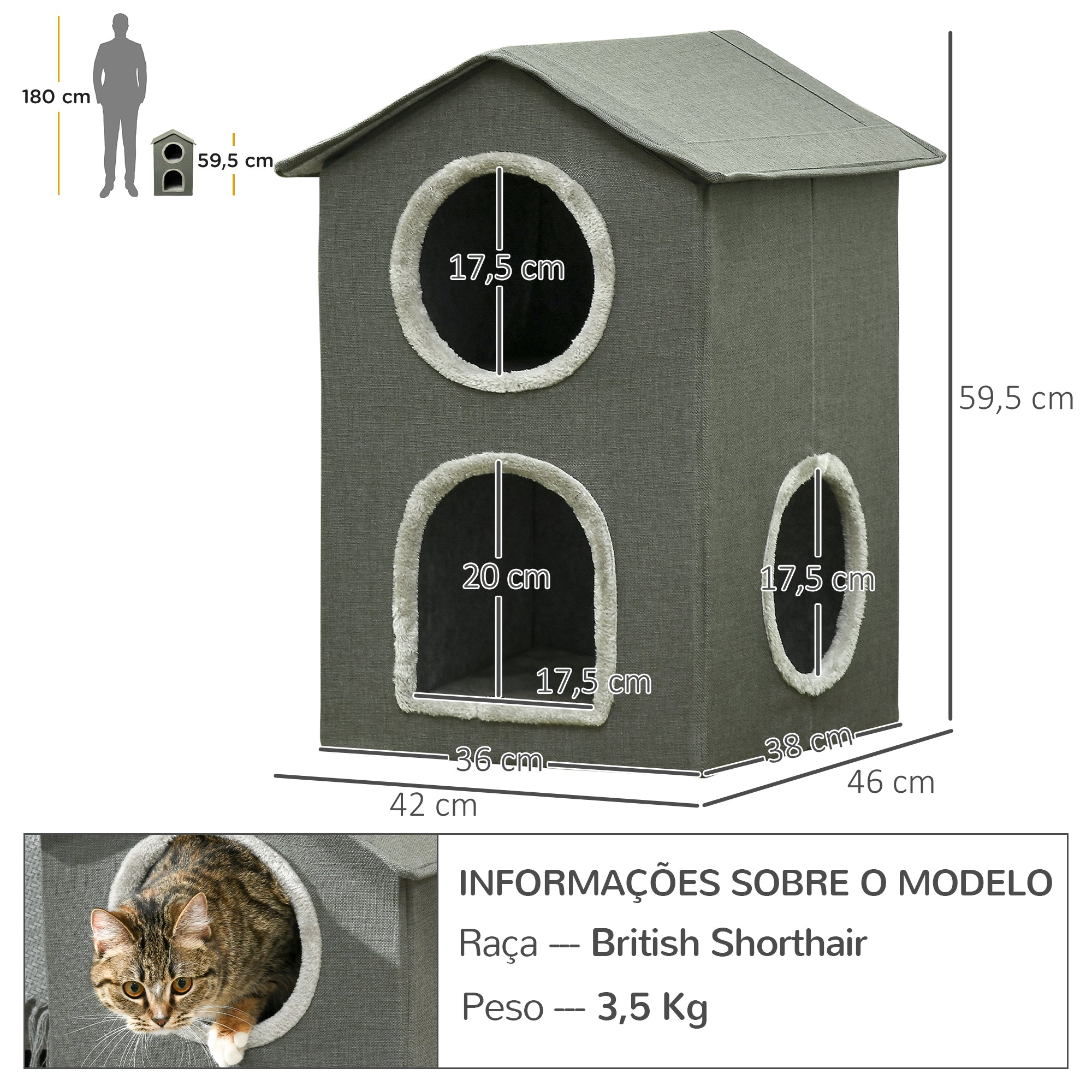 Casa para Gatos 2 Níveis Cinzento 42x46x59,5 cm