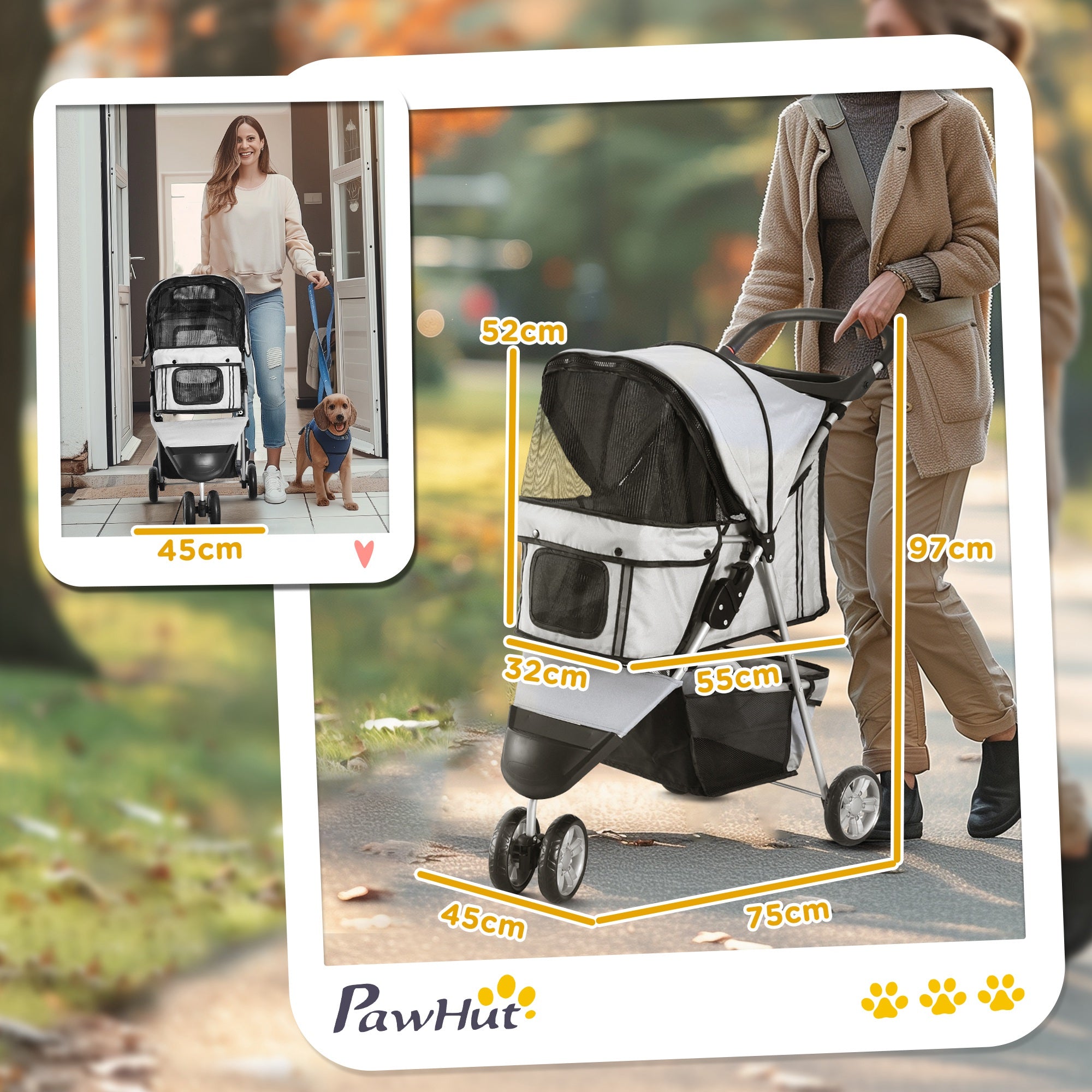 Carrinho para Animais de Estimação Dobrável 75x45x97cm Cinza Claro