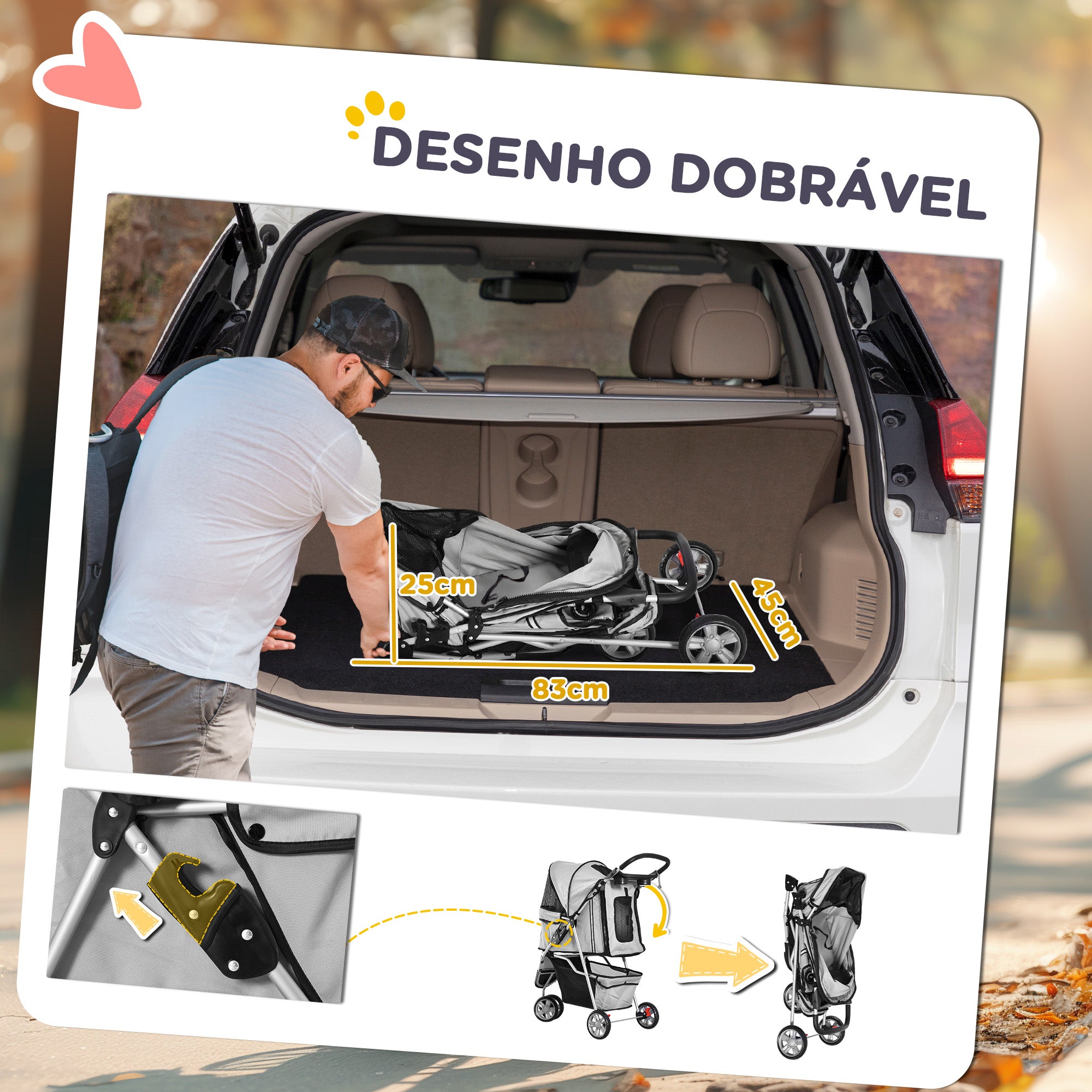 Carrinho para Animais de Estimação Dobrável 75x45x97cm Cinza Claro