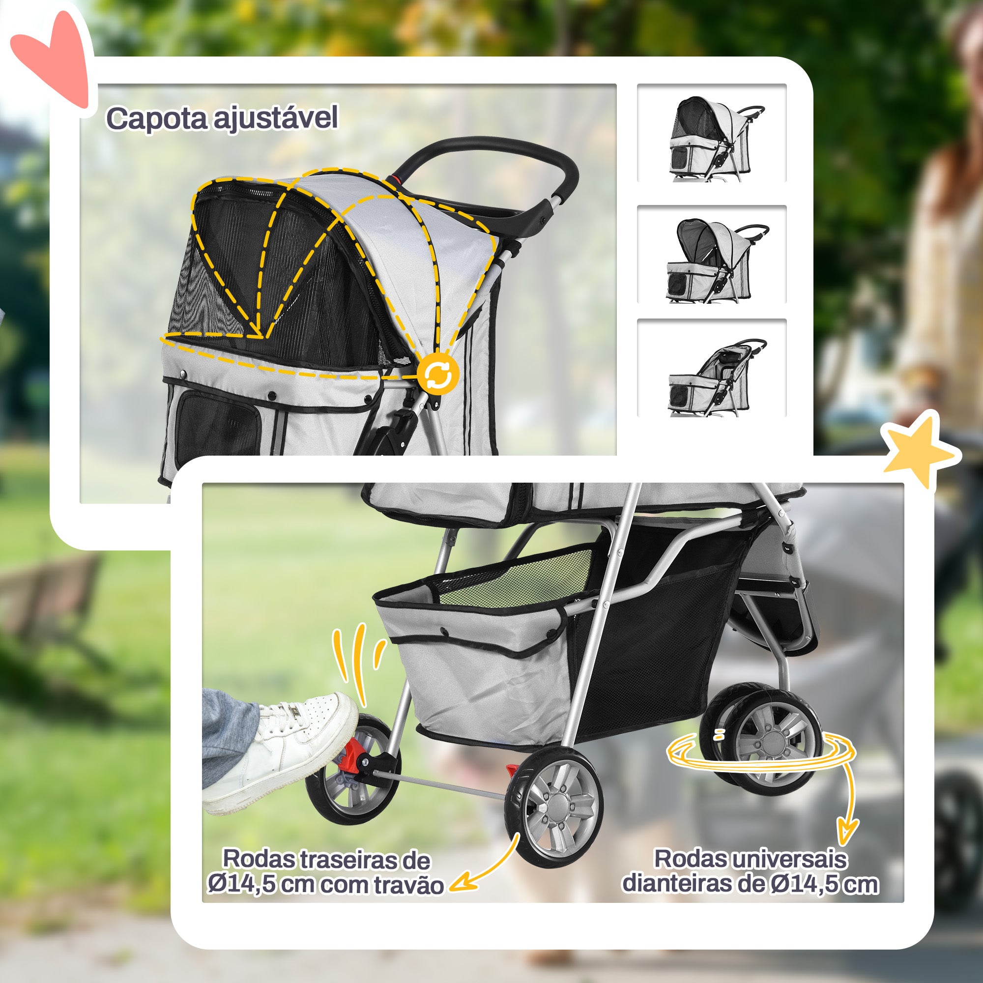 Carrinho para Animais de Estimação Dobrável 75x45x97cm Cinza Claro