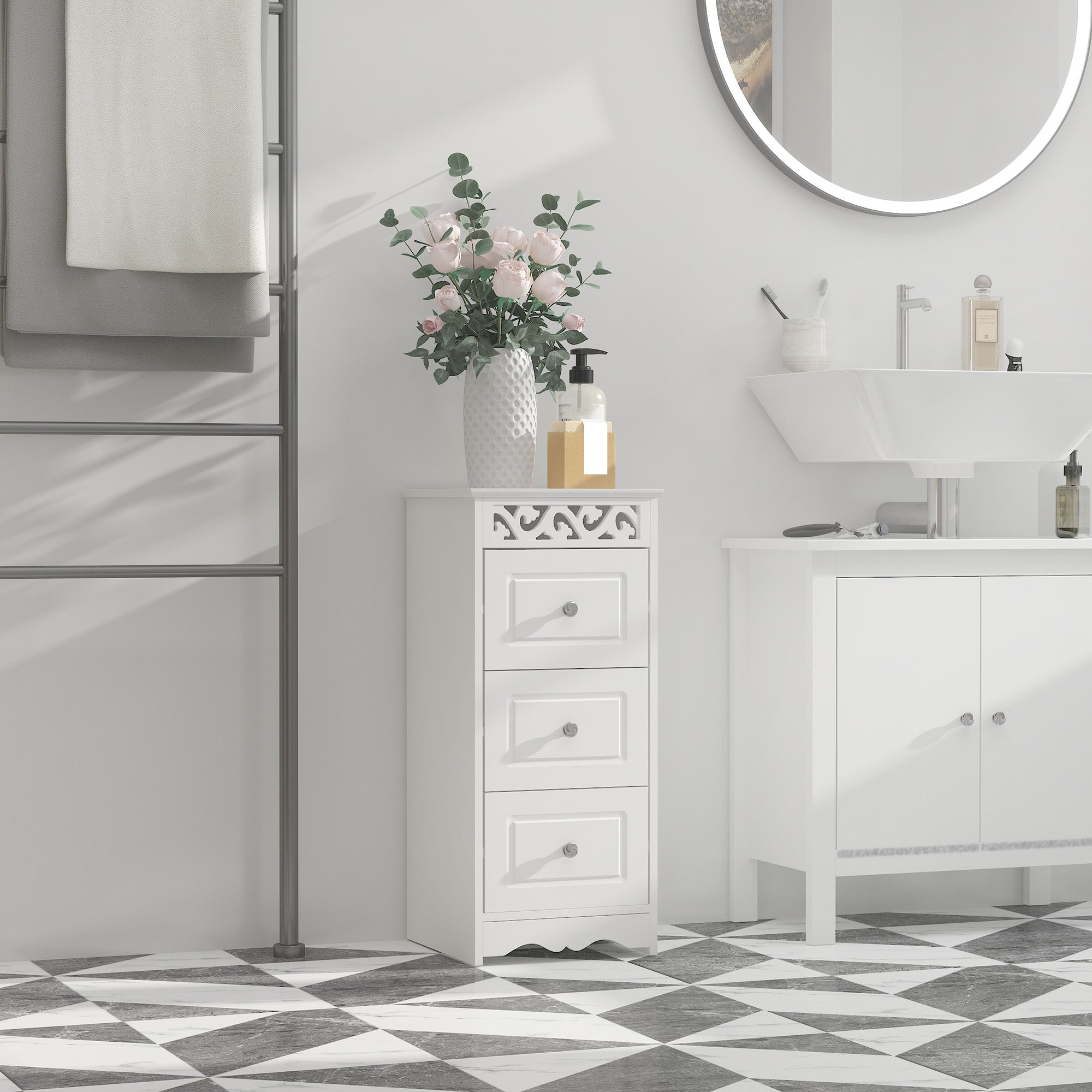 Armário Auxiliar Casa de Banho 3 Gavetas 29,8x29,8x68,5 cm Branco