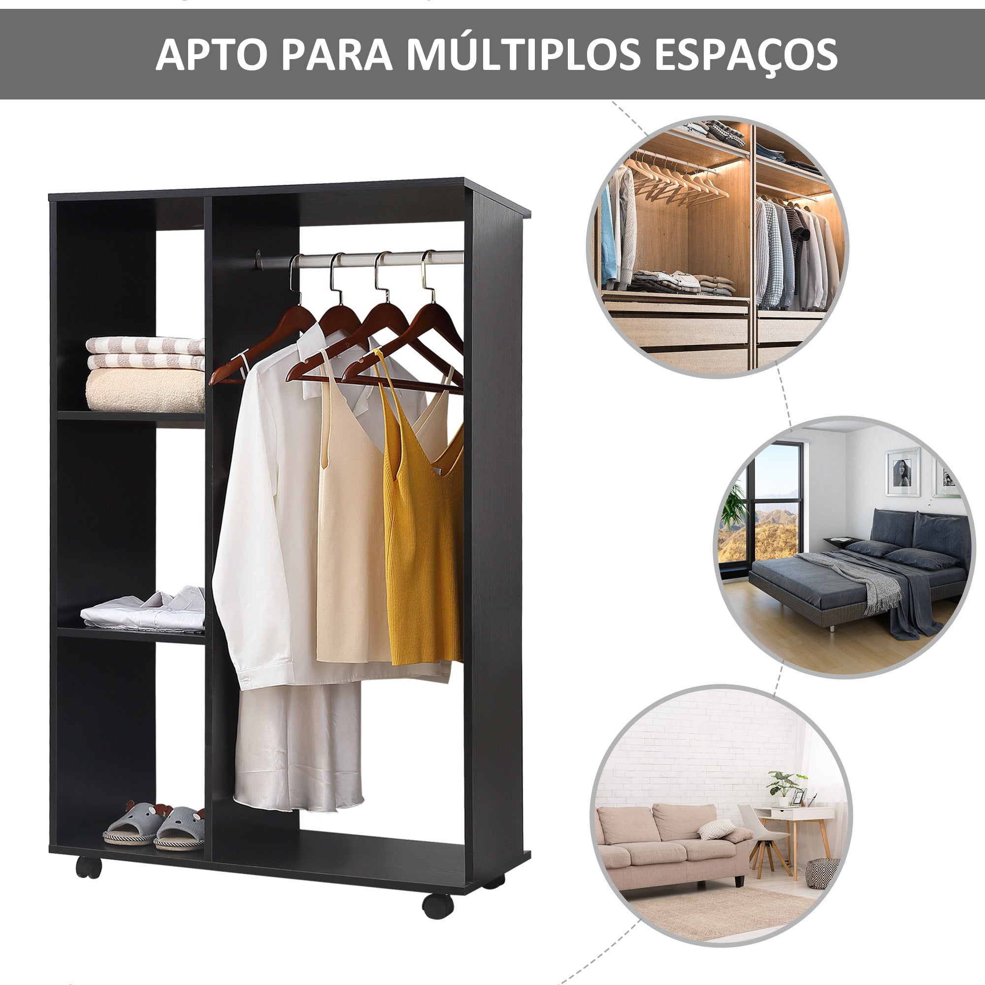 Roupeiro Aberto com Barra para Pendurar e 3 Prateleiras Organizadoras 80x40x128 cm Preto