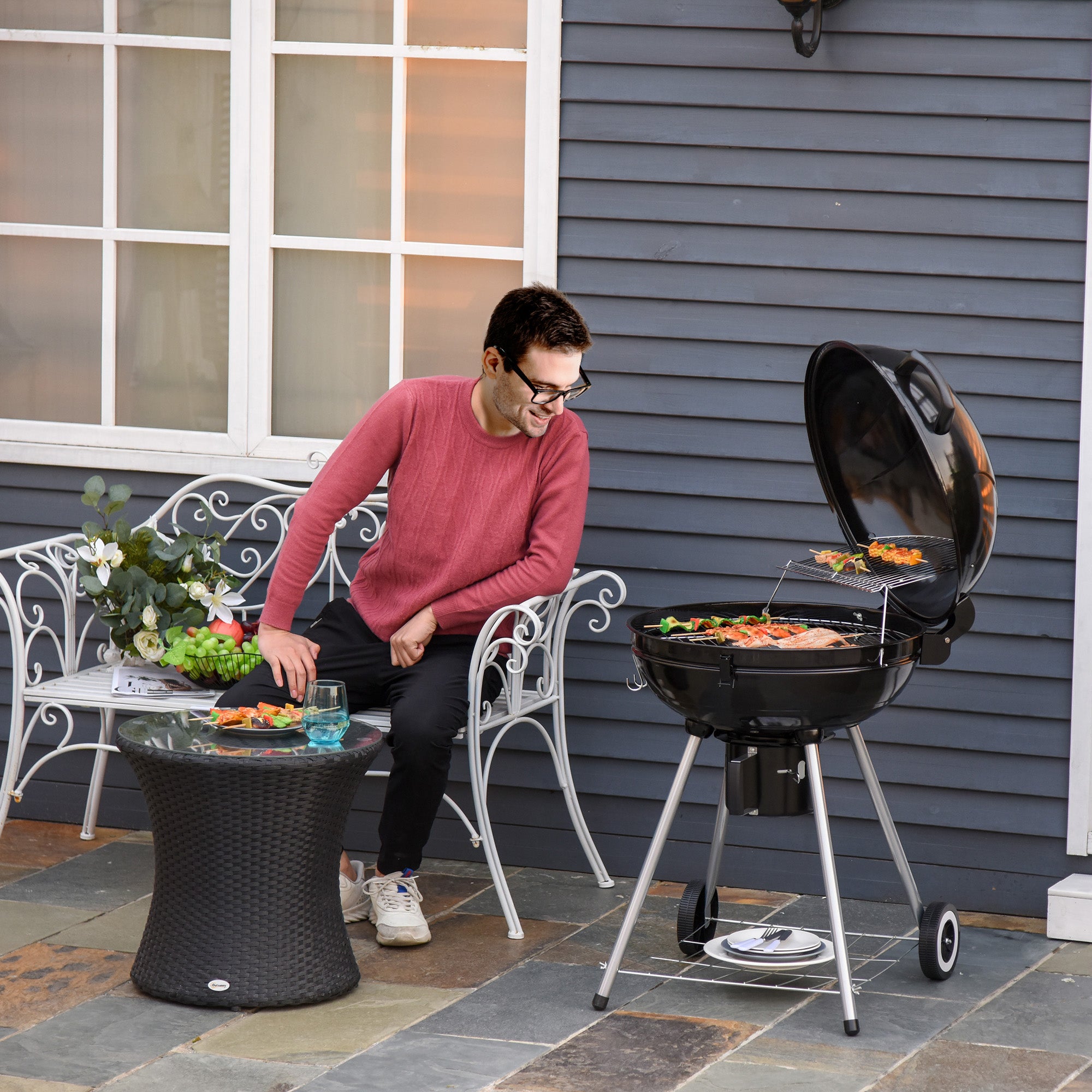 Barbecue a Carvão com Termómetro 57x63x94 cm - Preto