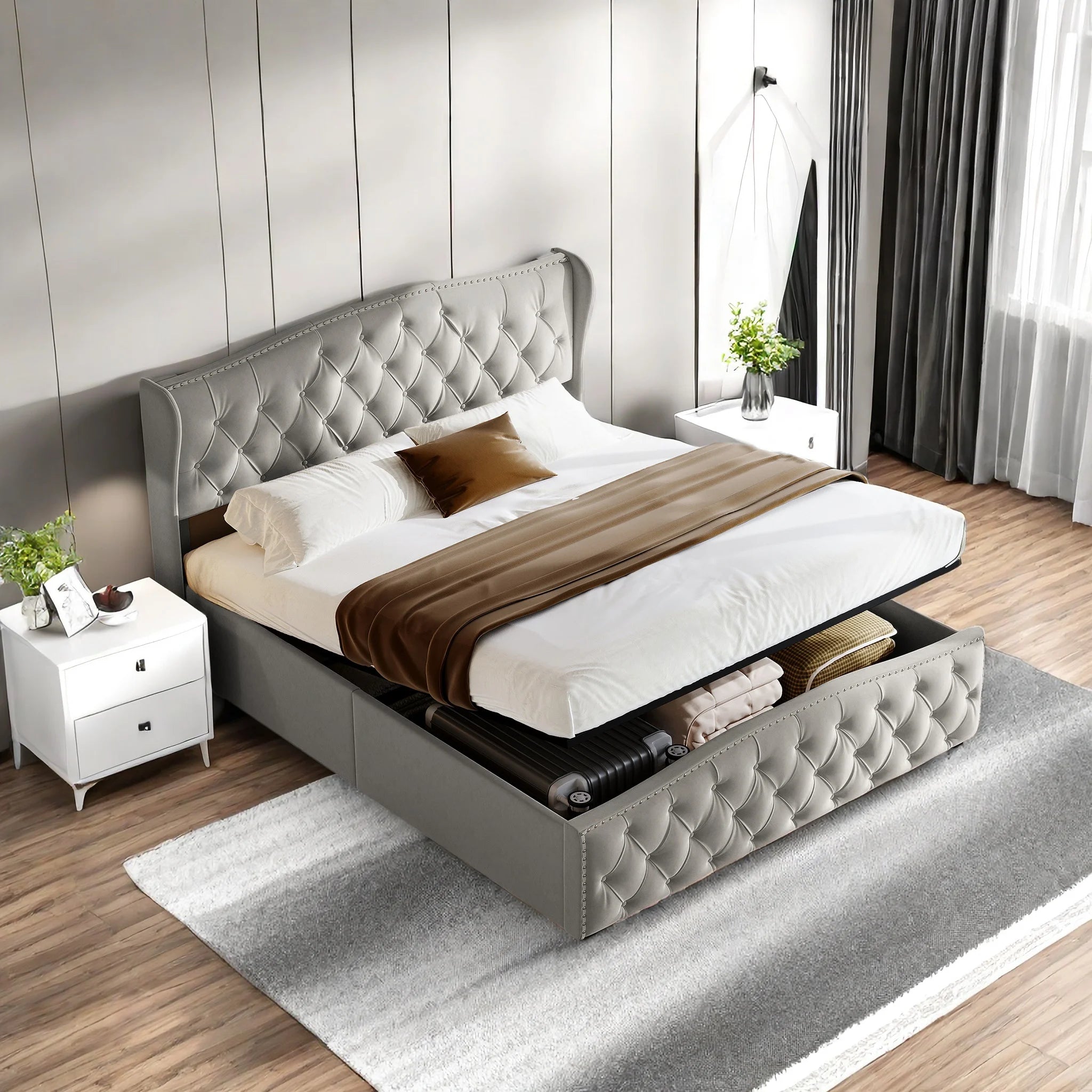 Cama Halla Estofada Hidráulica – 160x200 cm – Cinza – Estrutura com Arrumação