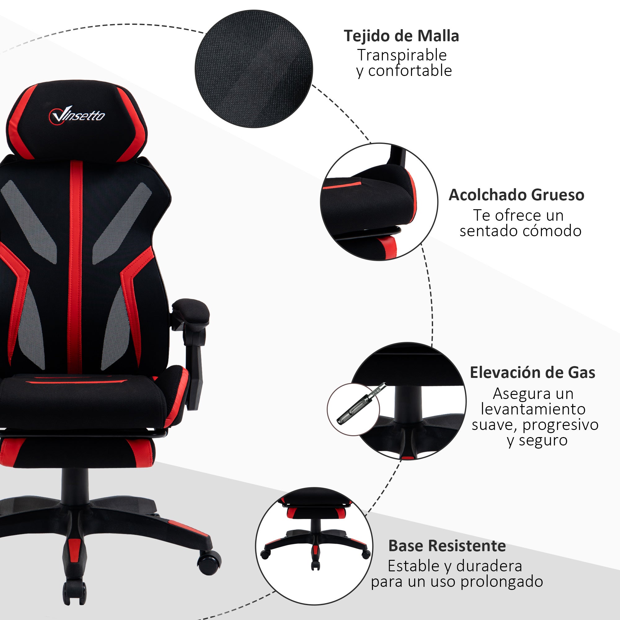 Cadeira de Gaming Ergonômica com Apoio para os Pés Retrátil - 65x65x129cm - Preto e Vermelho