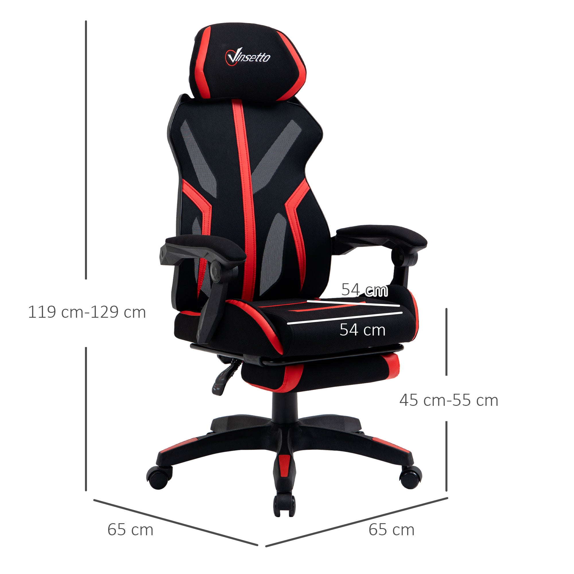 Cadeira de Gaming Ergonômica com Apoio para os Pés Retrátil - 65x65x129cm - Preto e Vermelho