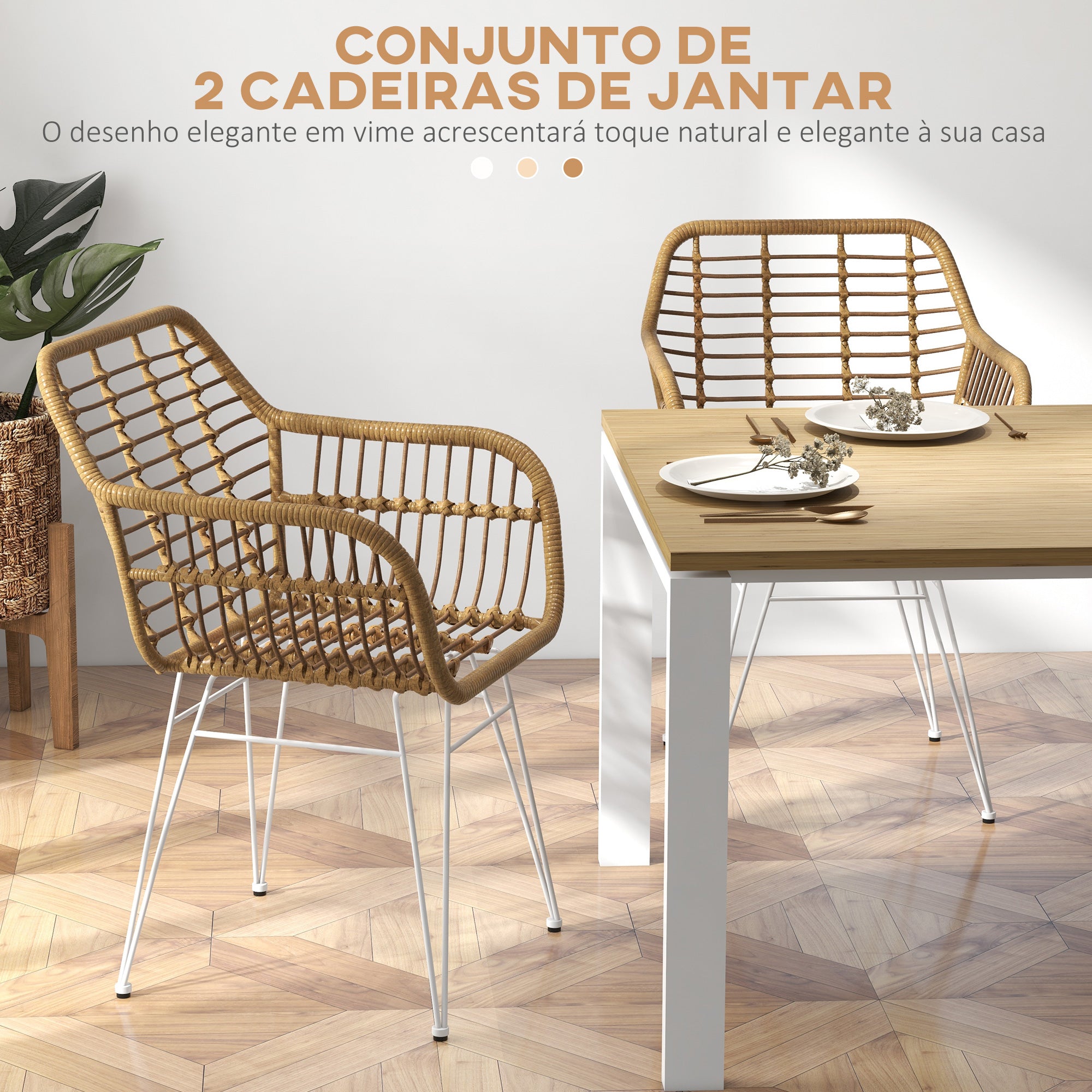Conjunto de 2 Cadeiras de Sala de Jantar – 56x60x79 cm – Marrom – Vime Sintético e Aço