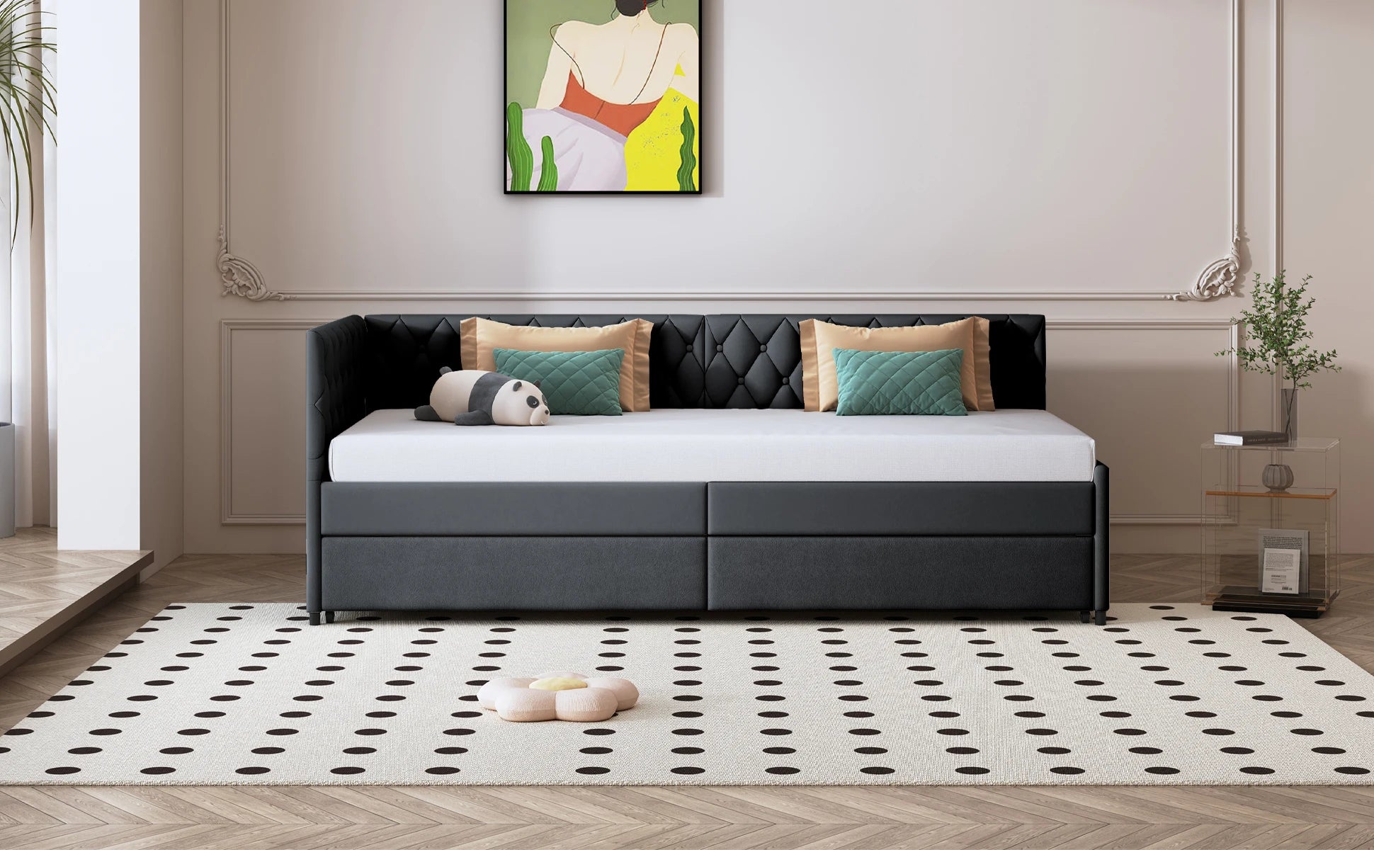 Sofá-Cama Rosahqnda Estofado 90x200 cm com Cama Extraível – Cinza – Estrutura com Estrado de Ripas