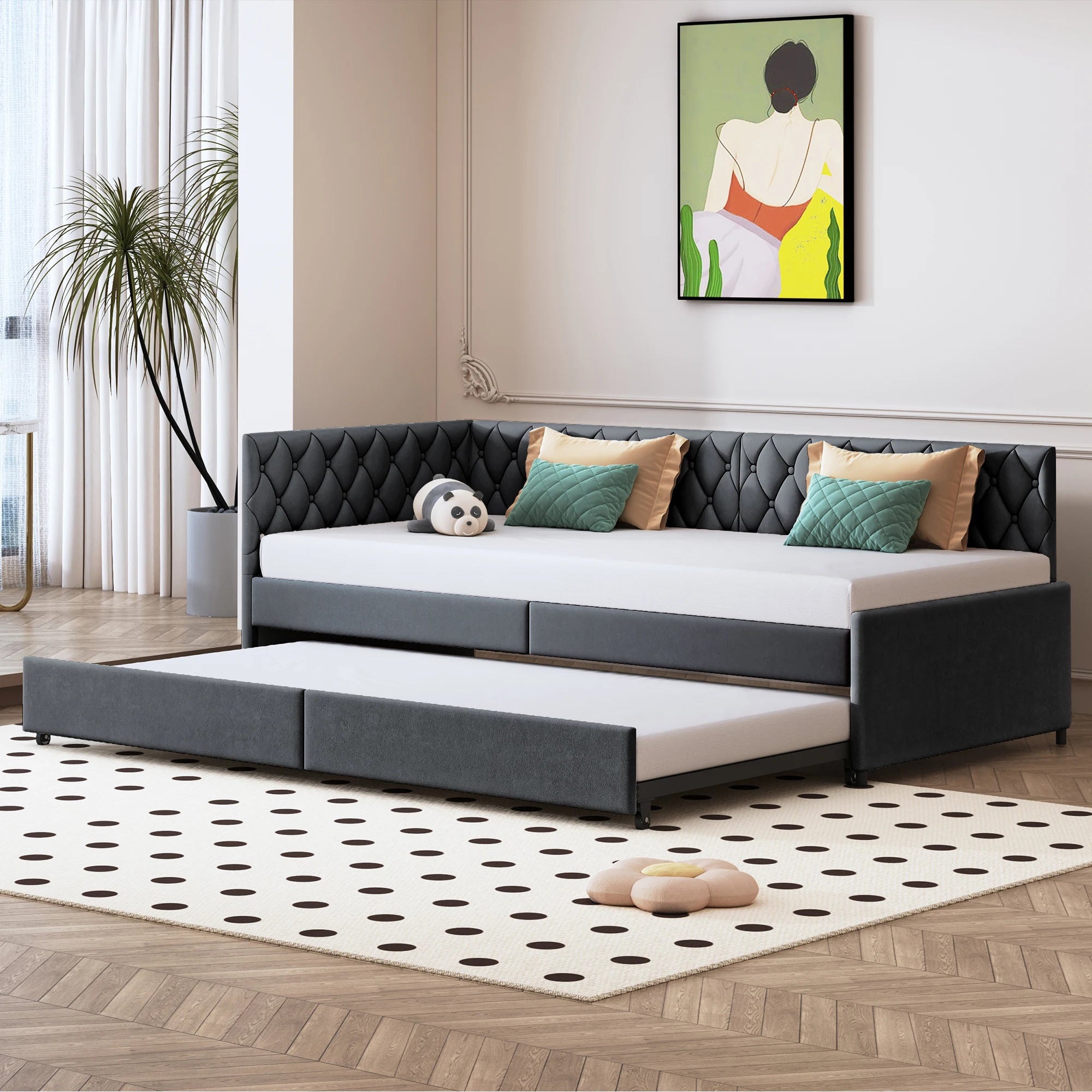 Sofá-Cama Rosahqnda Estofado 90x200 cm com Cama Extraível – Cinza – Estrutura com Estrado de Ripas