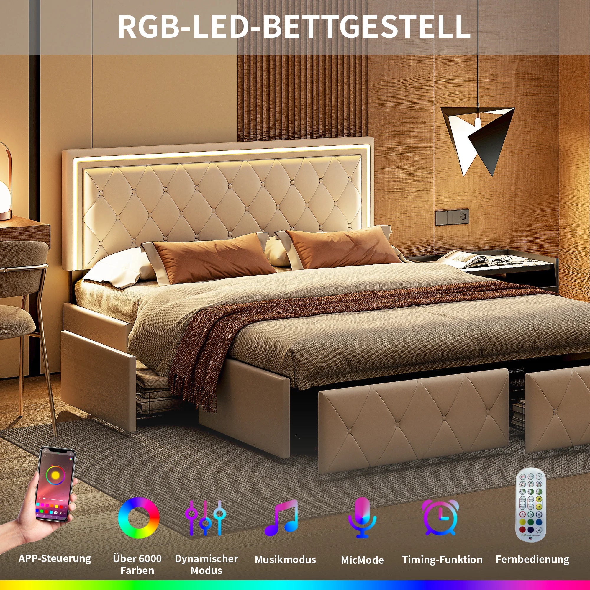 Cama de Casal Alma em Couro Sintético com 4 Gavetas – 160x200 cm – Bege – Estrutura Rosahqnda sem Colchão