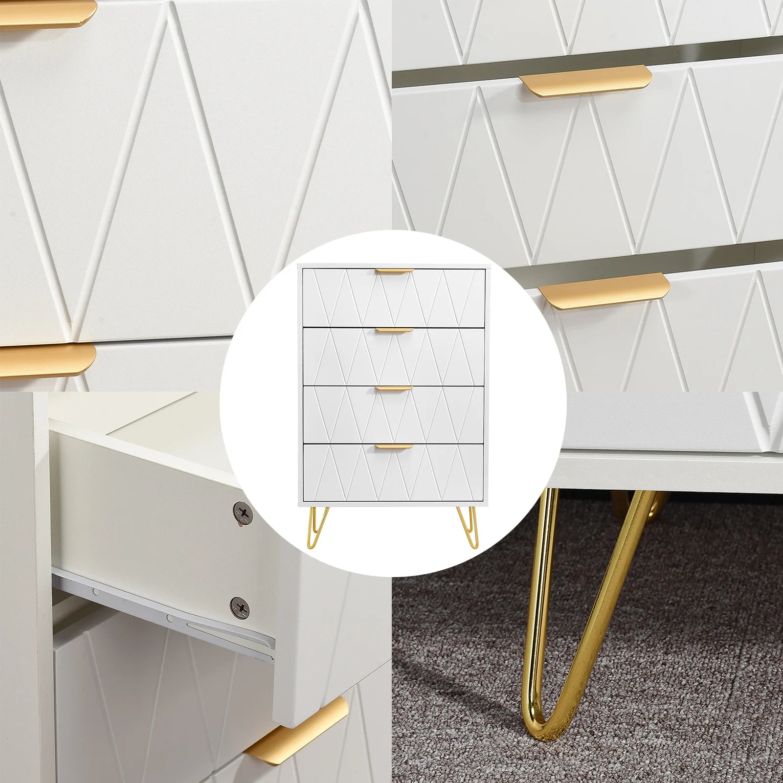 Cómoda Allia com 4 Gavetas – Branco – Estrutura em MDF com Pés Metálicos Dourados
