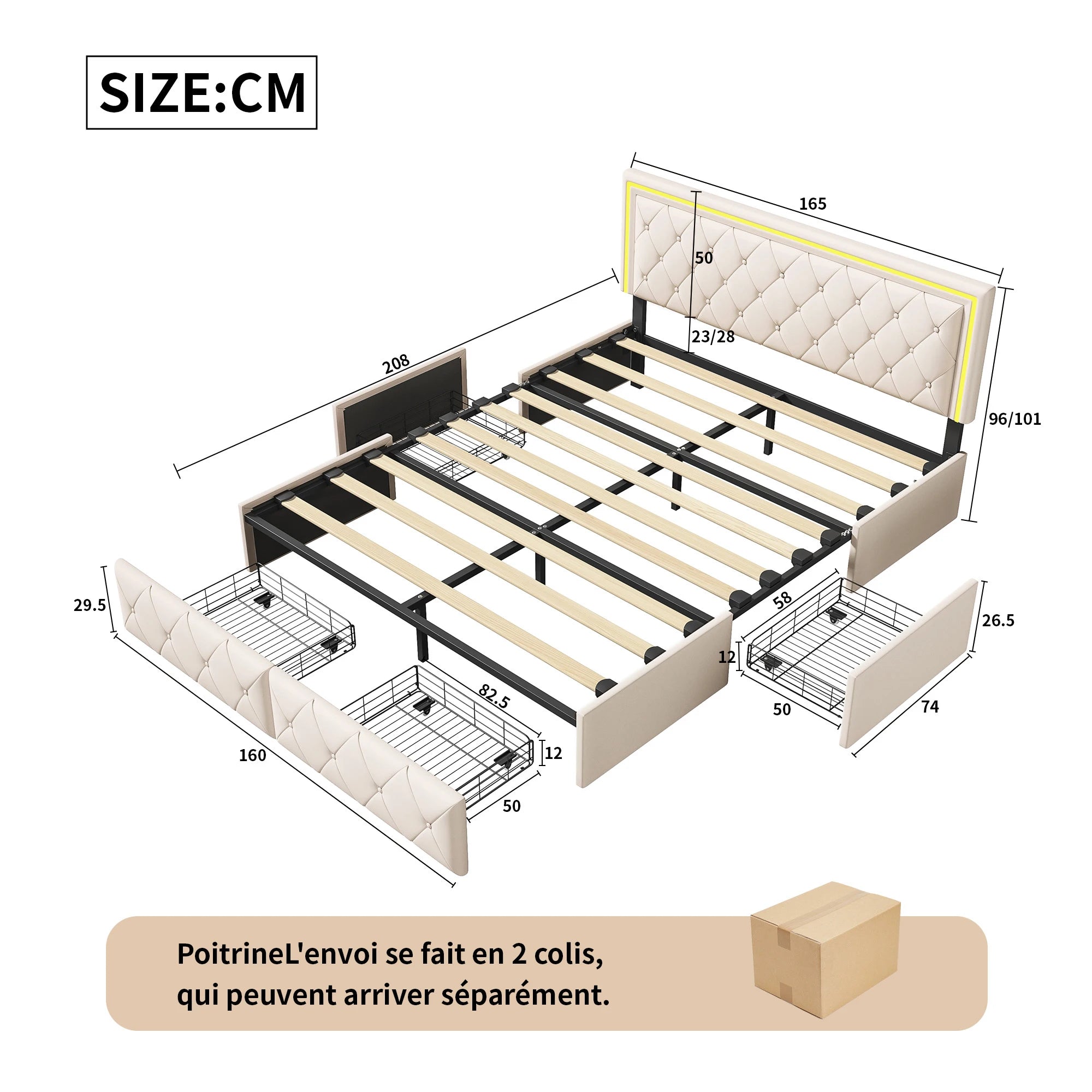 Cama de Casal Alma em Couro Sintético com 4 Gavetas – 160x200 cm – Bege – Estrutura Rosahqnda sem Colchão