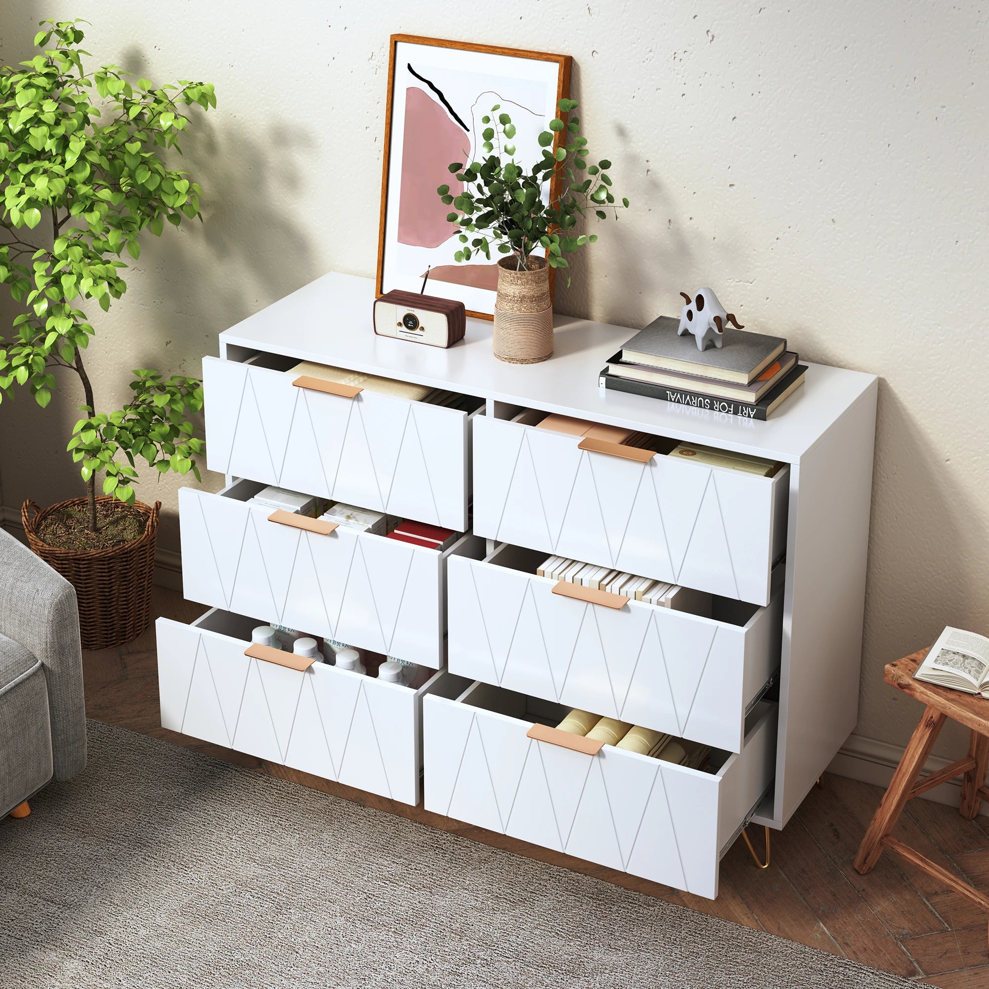 Cómoda Allia com 6 Gavetas – Branco – Estrutura em MDF com Pés Metálicos Dourados
