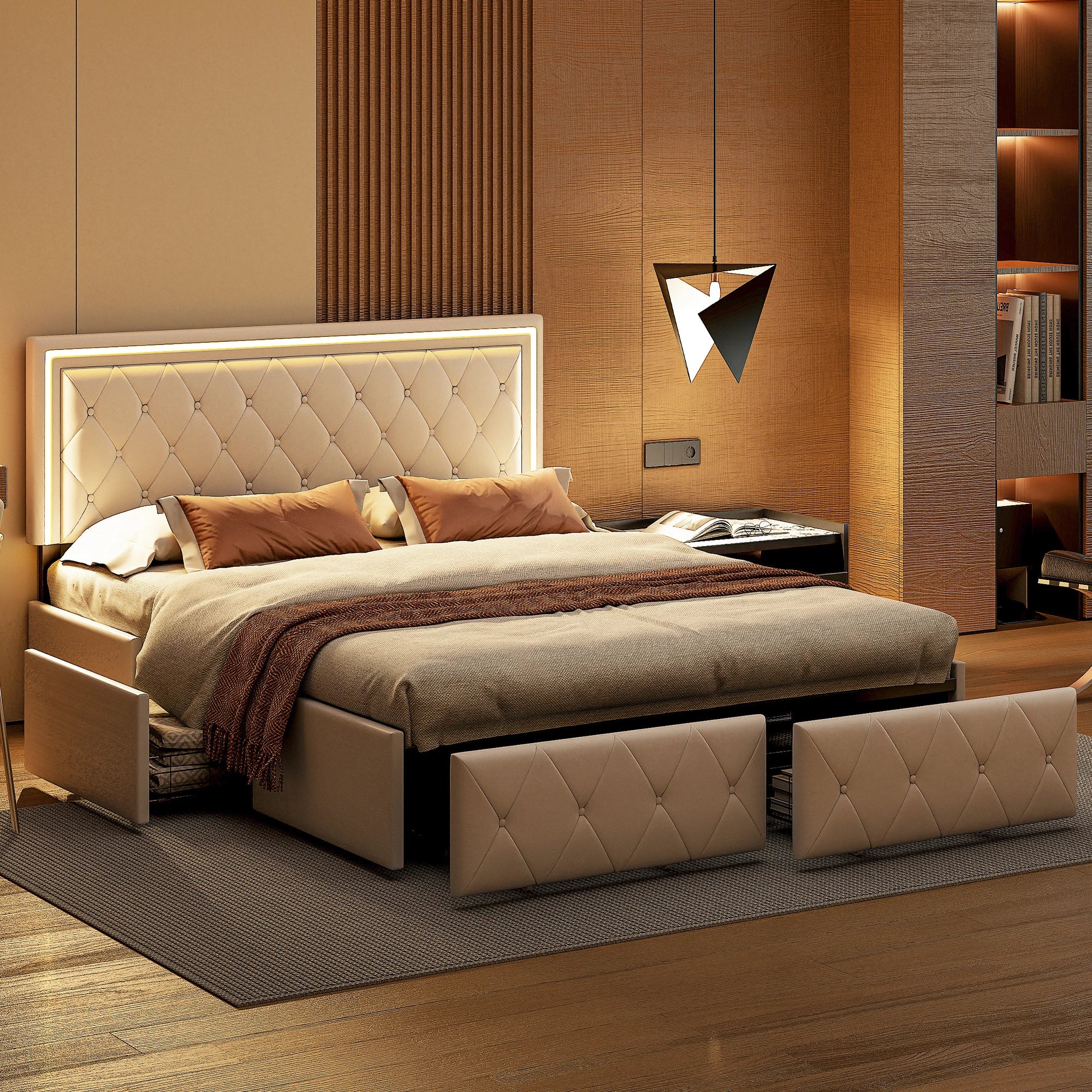 Cama de Casal Alma em Couro Sintético com 4 Gavetas – 160x200 cm – Bege – Estrutura Rosahqnda sem Colchão