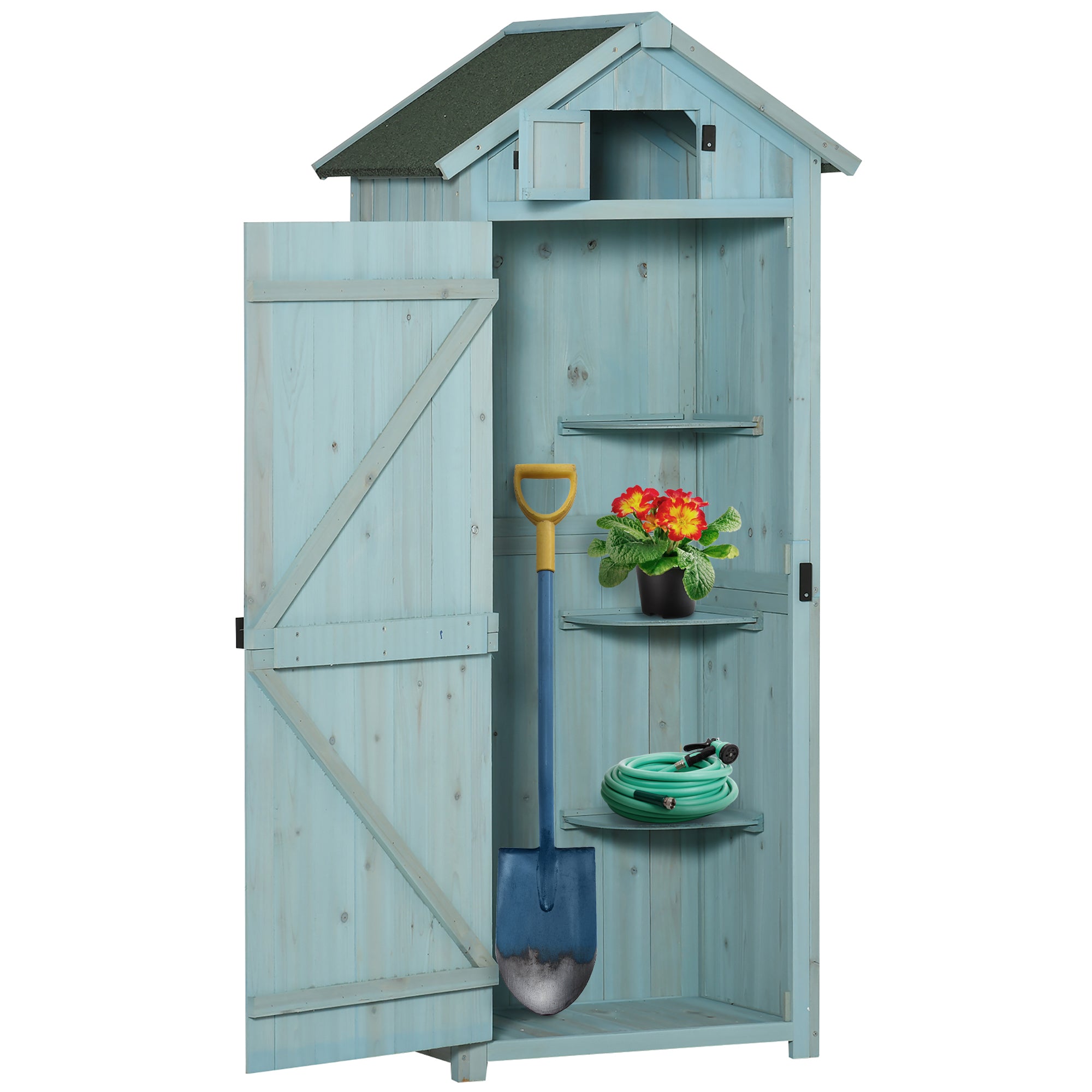 Armário de Jardim de Madeira Azul Claro 77x54,2x179 cm - Organize e Proteja suas Ferramentas