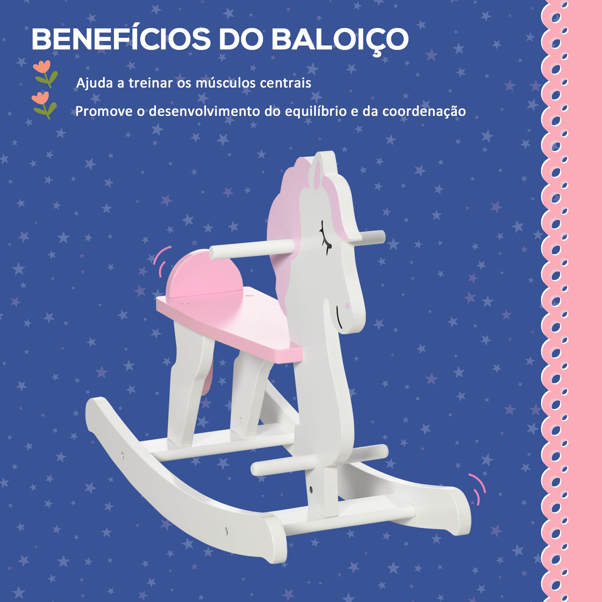 Cavalo Baloiço Infantil de Madeira 68x27x46.5 cm Branco e Rosa
