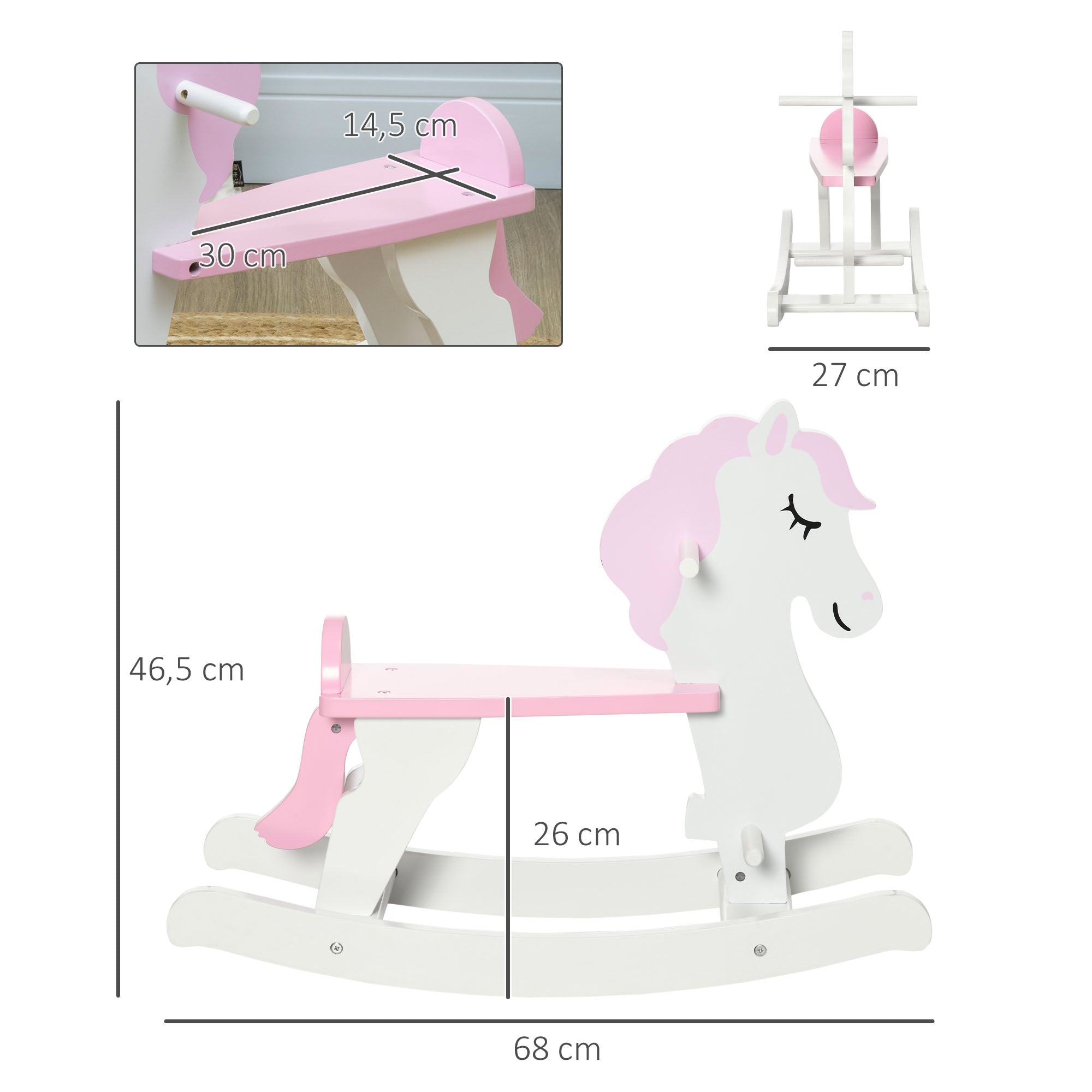 Cavalo Baloiço Infantil de Madeira 68x27x46.5 cm Branco e Rosa