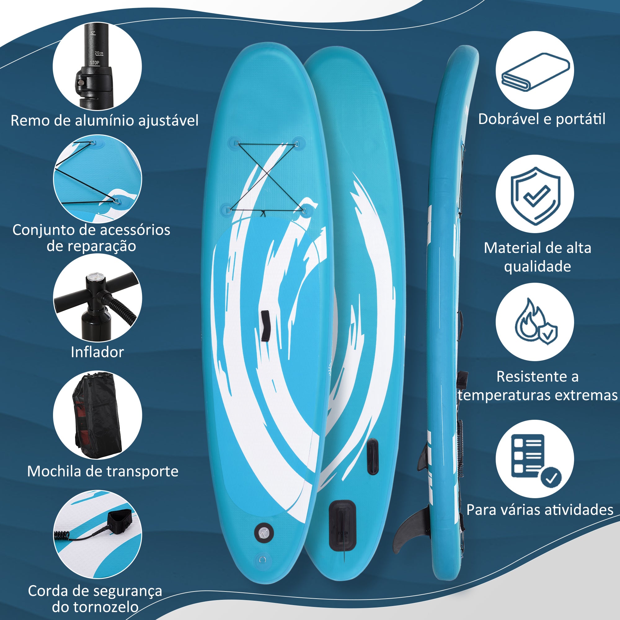 Prancha de Paddle Surf Insuflável – 300x76x15cm – Azul – PVC e EVA