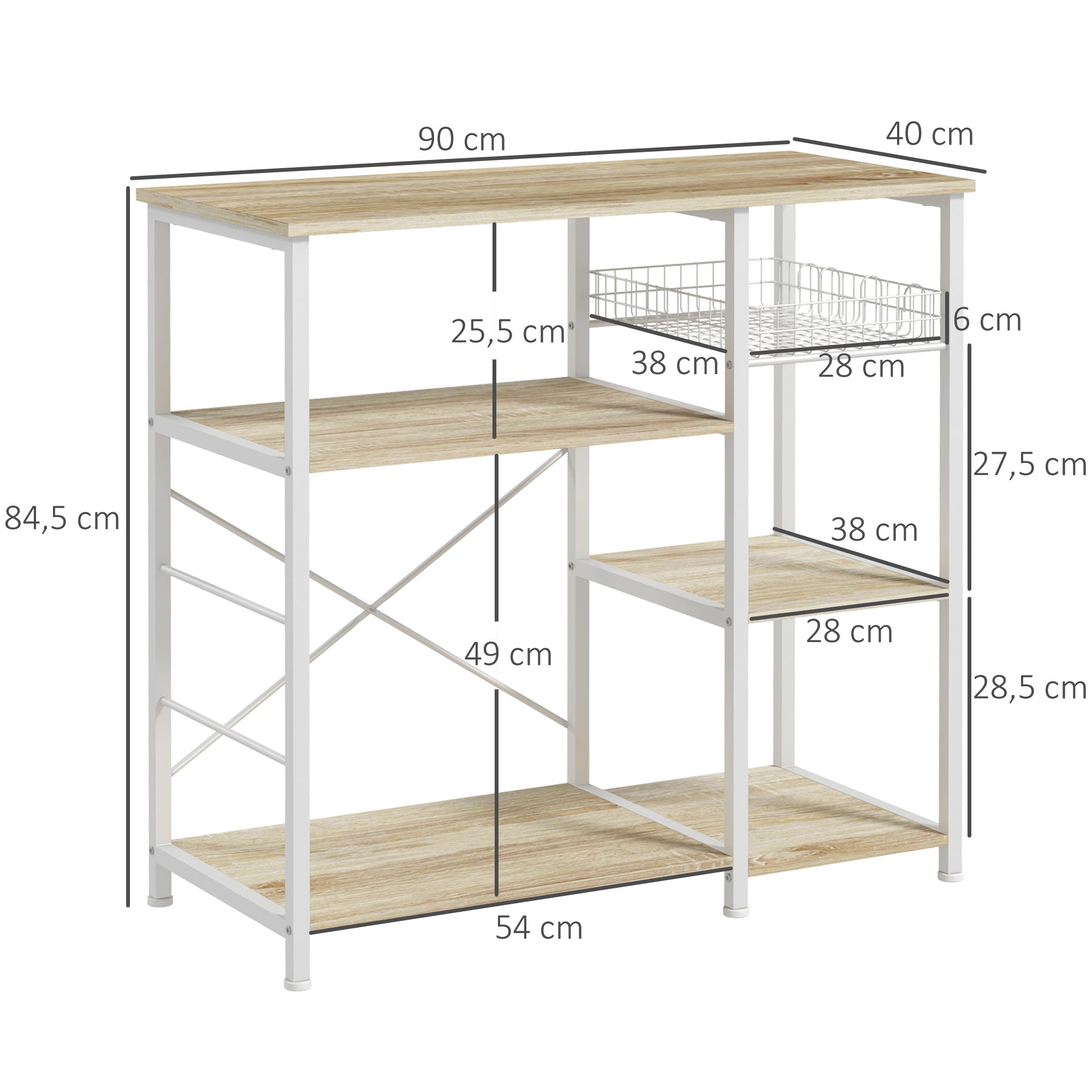 Estante de Cozinha Moderna – 90x40x84,5 cm – Branco e Carvalho – Melamina e Aço