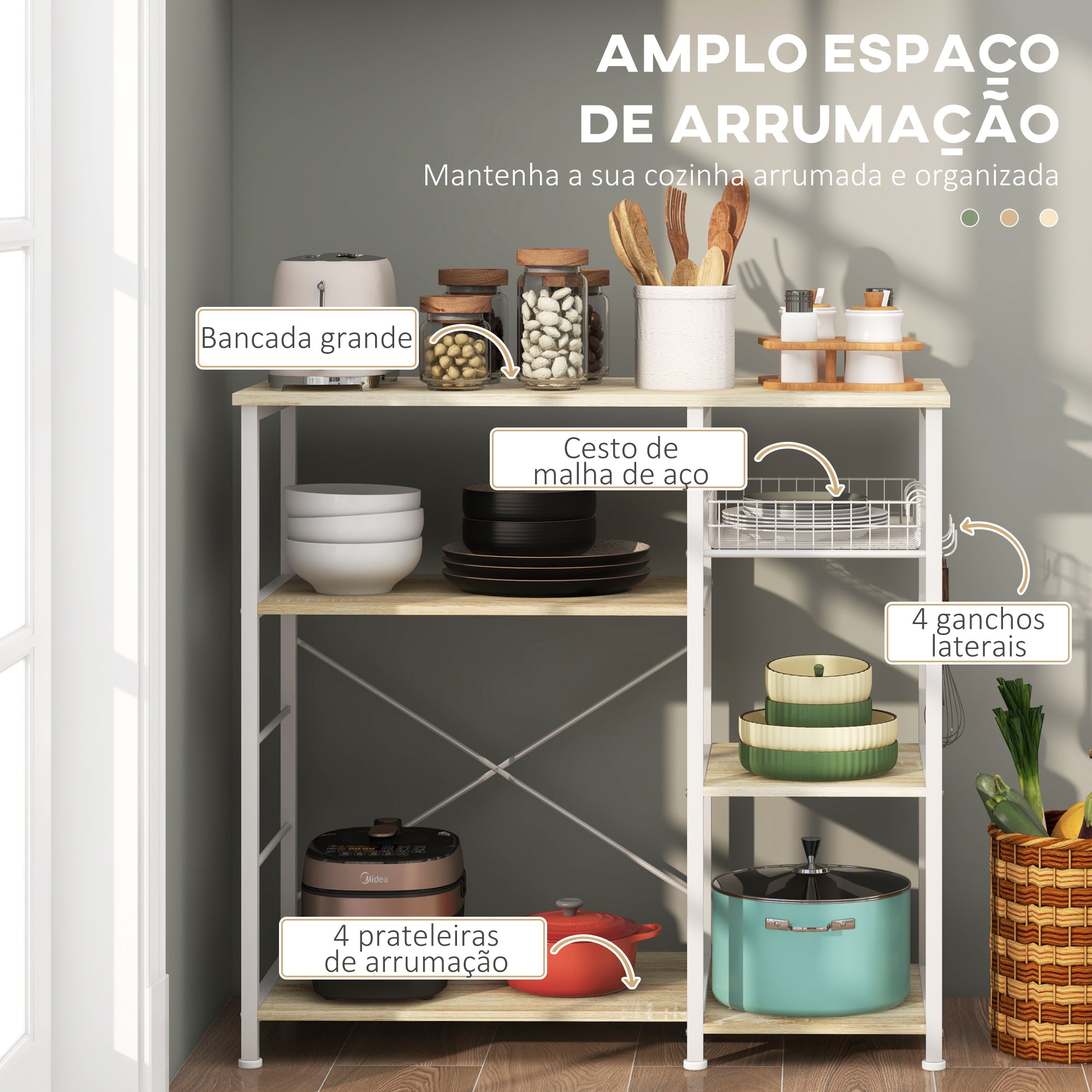 Estante de Cozinha Moderna – 90x40x84,5 cm – Branco e Carvalho – Melamina e Aço