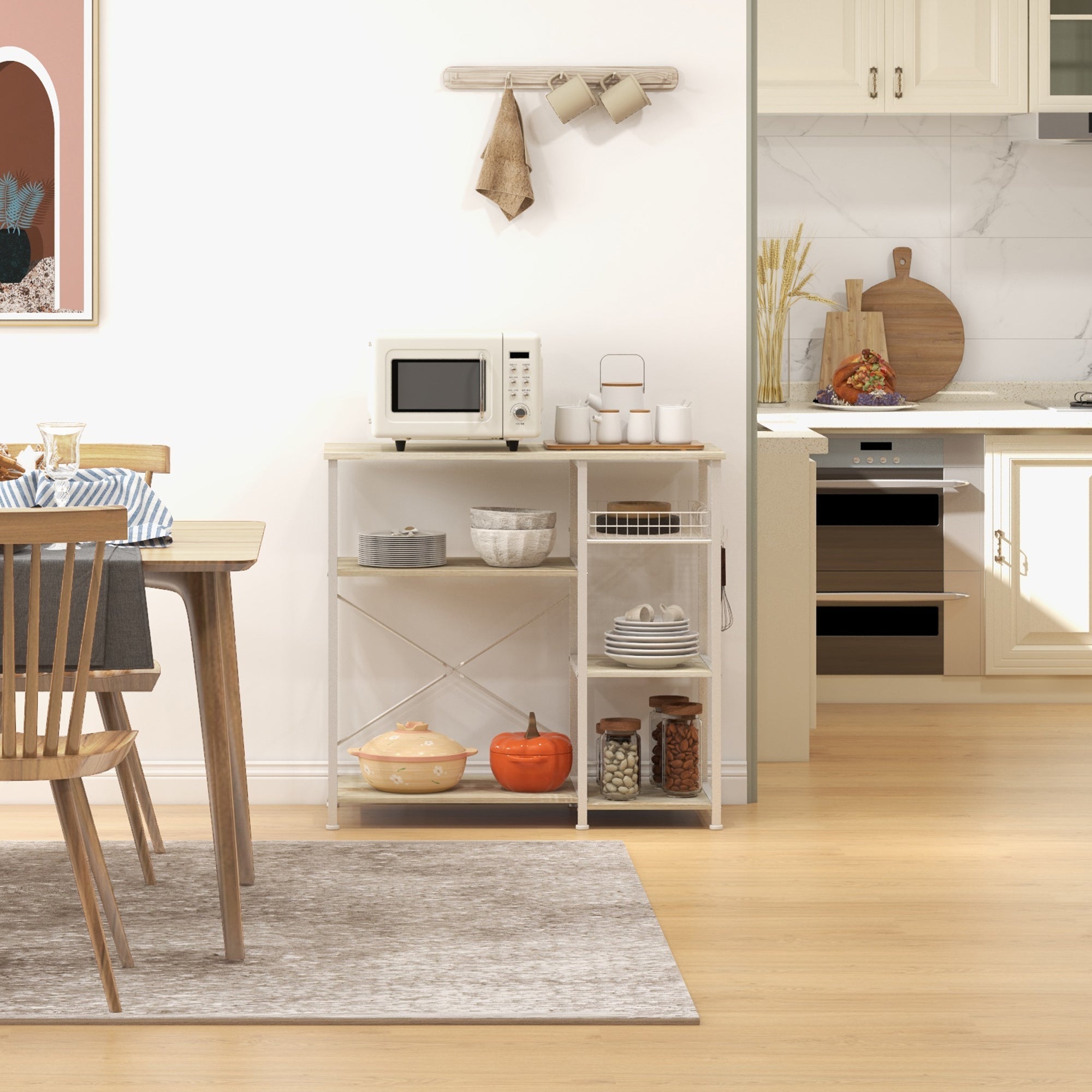 Estante de Cozinha Moderna – 90x40x84,5 cm – Branco e Carvalho – Melamina e Aço