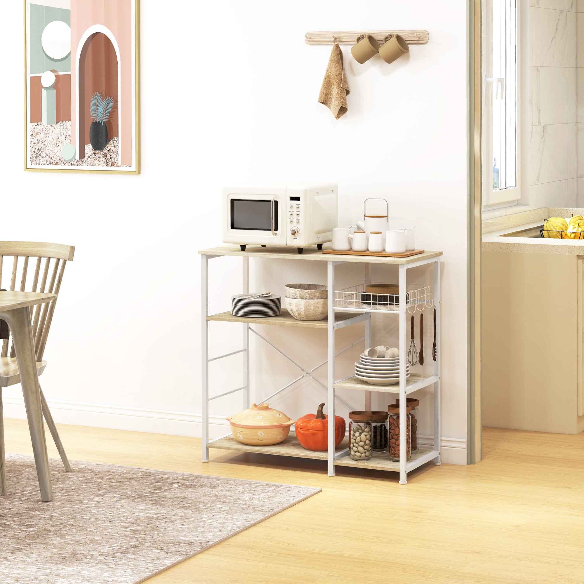 Estante de Cozinha Moderna – 90x40x84,5 cm – Branco e Carvalho – Melamina e Aço