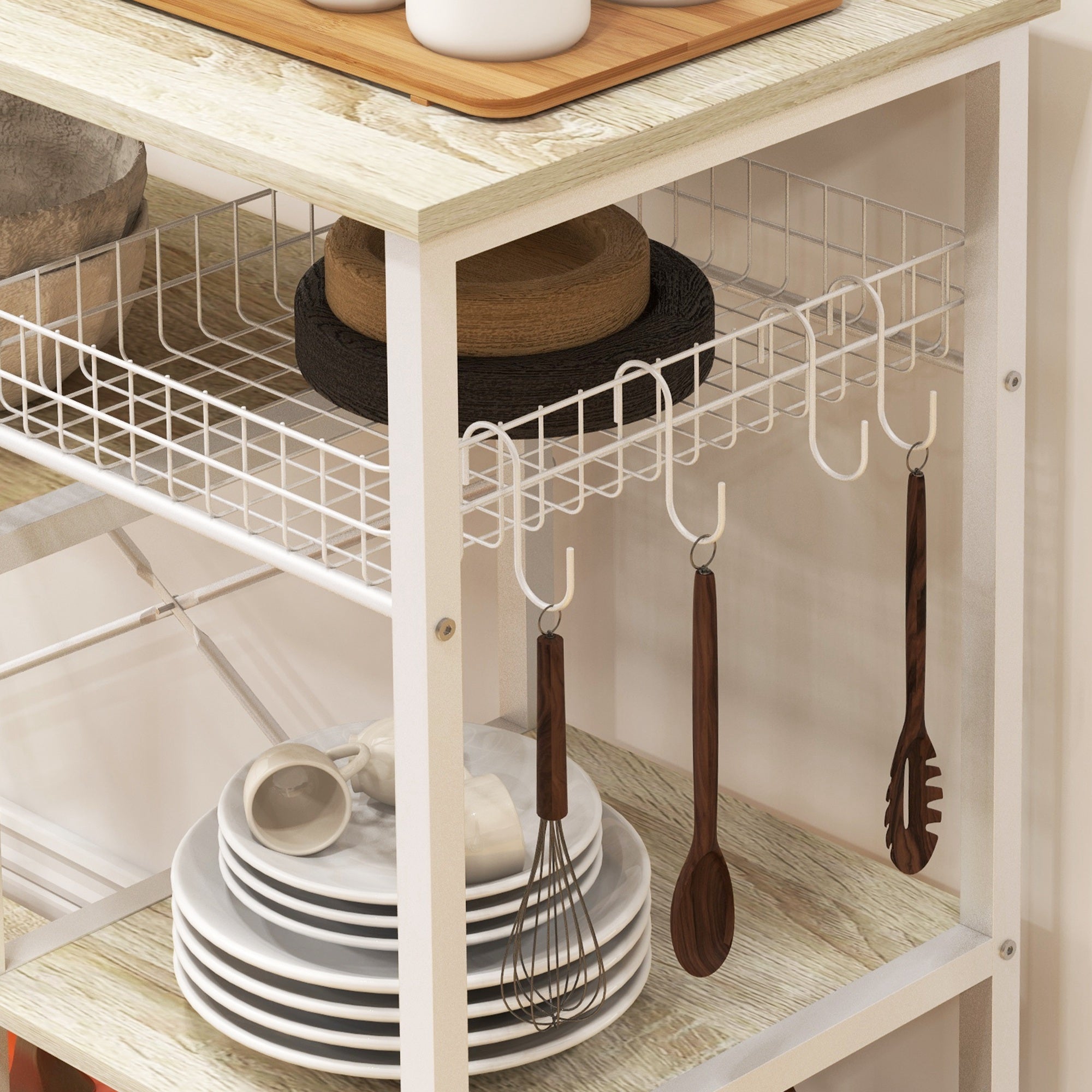 Estante de Cozinha Moderna – 90x40x84,5 cm – Branco e Carvalho – Melamina e Aço