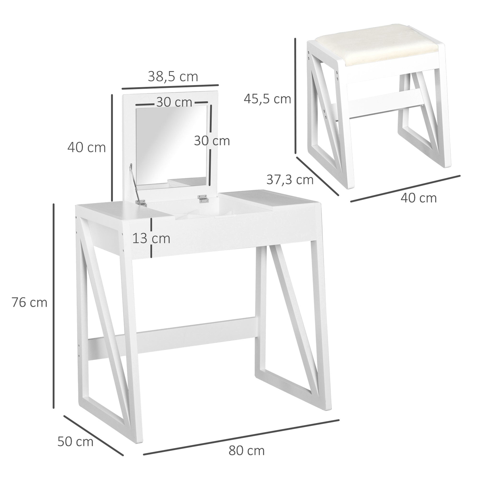 Tocador Mesa para Maquilhagem 80x50x76cm Branco