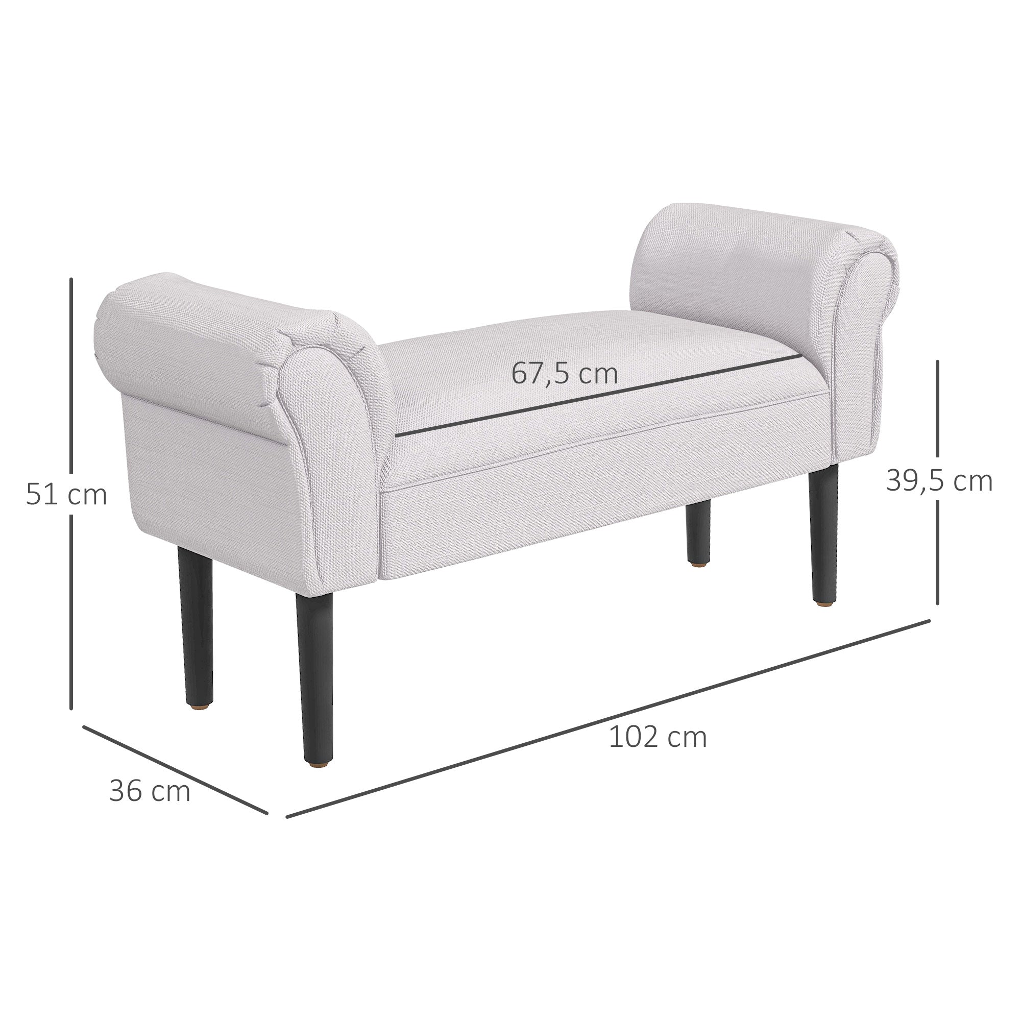 Banco Acolchoado Estofado com Braços Curvados 102x31x51cm - Cinzento