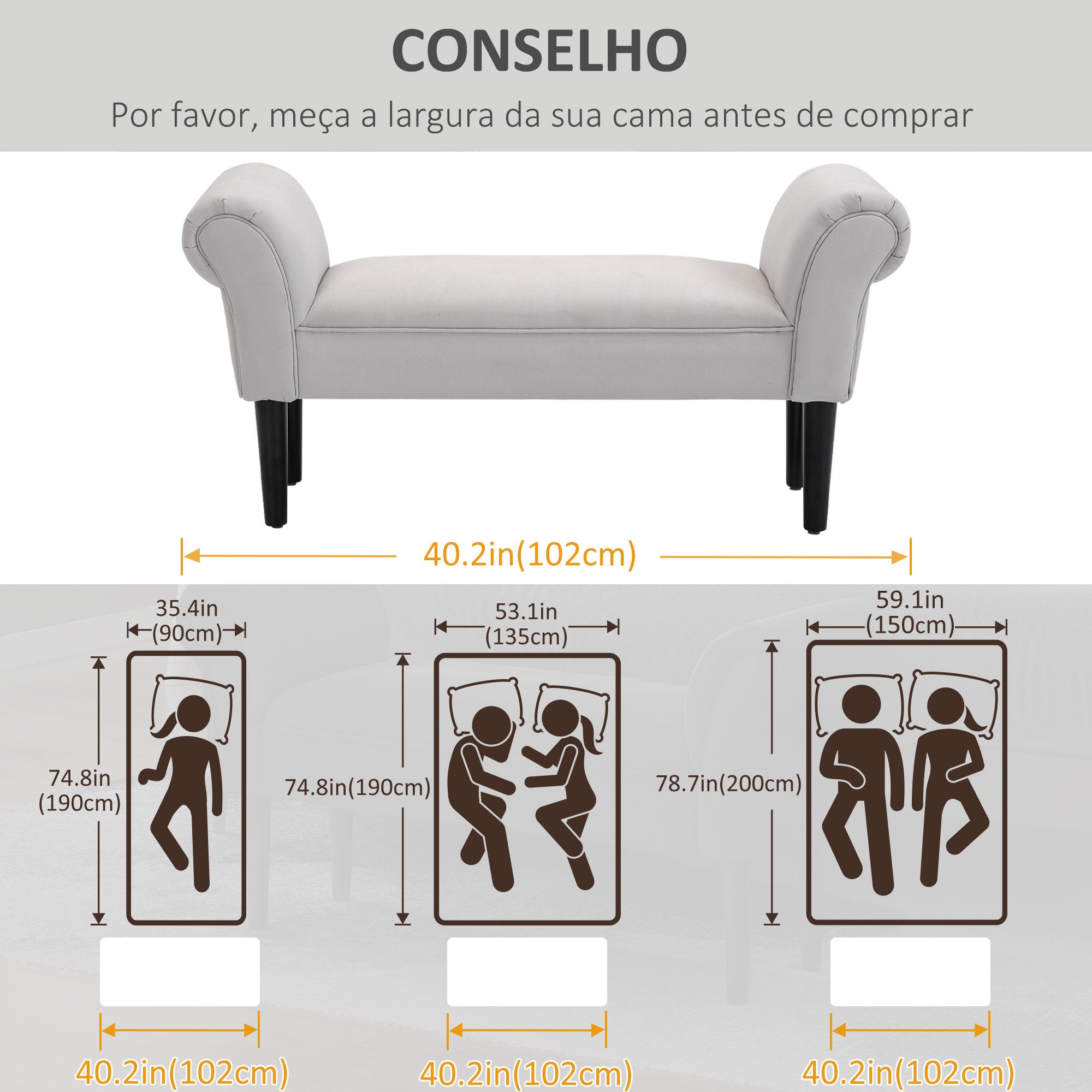 Banco Acolchoado Estofado com Braços Curvados 102x31x51cm - Cinzento