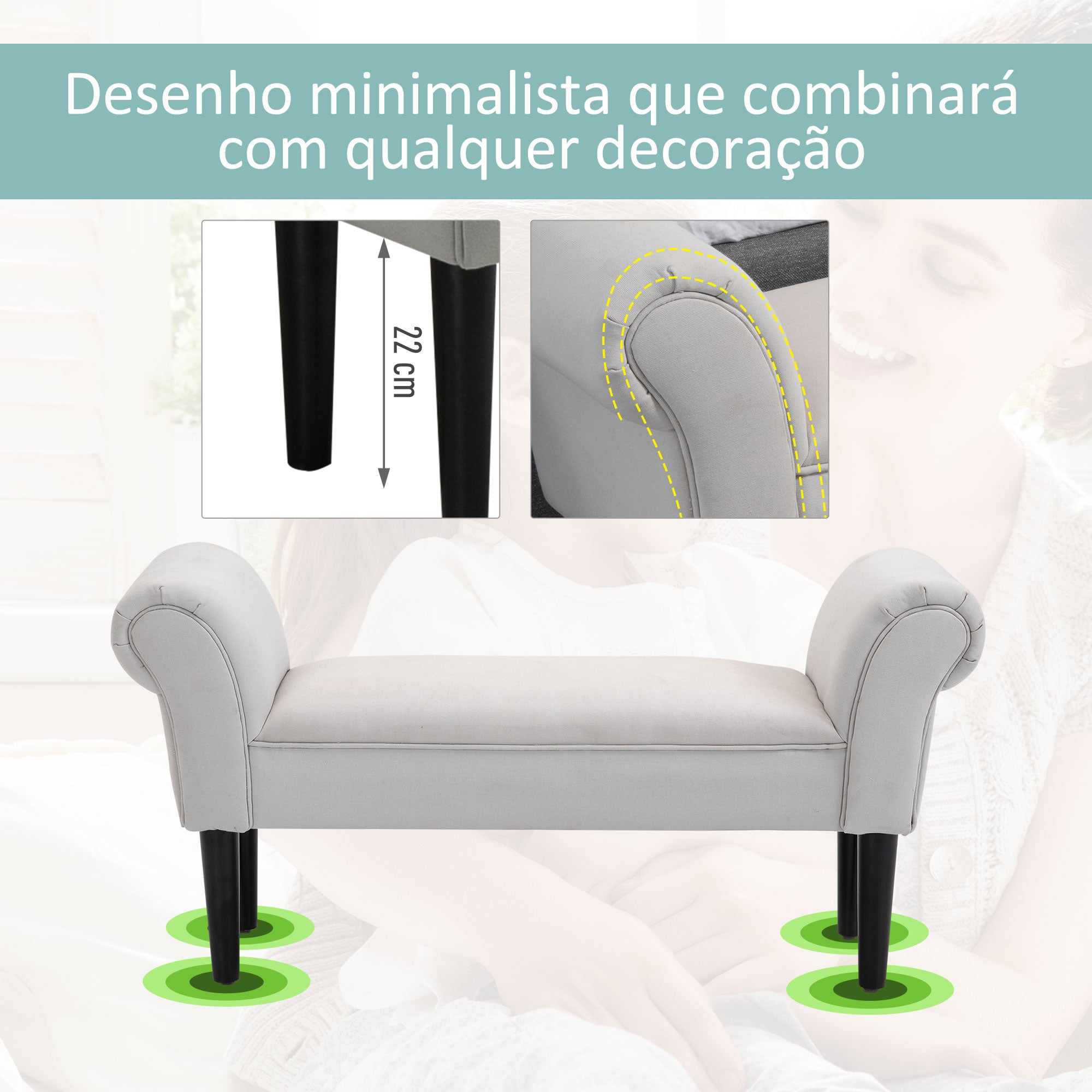 Banco Acolchoado Estofado com Braços Curvados 102x31x51cm - Cinzento