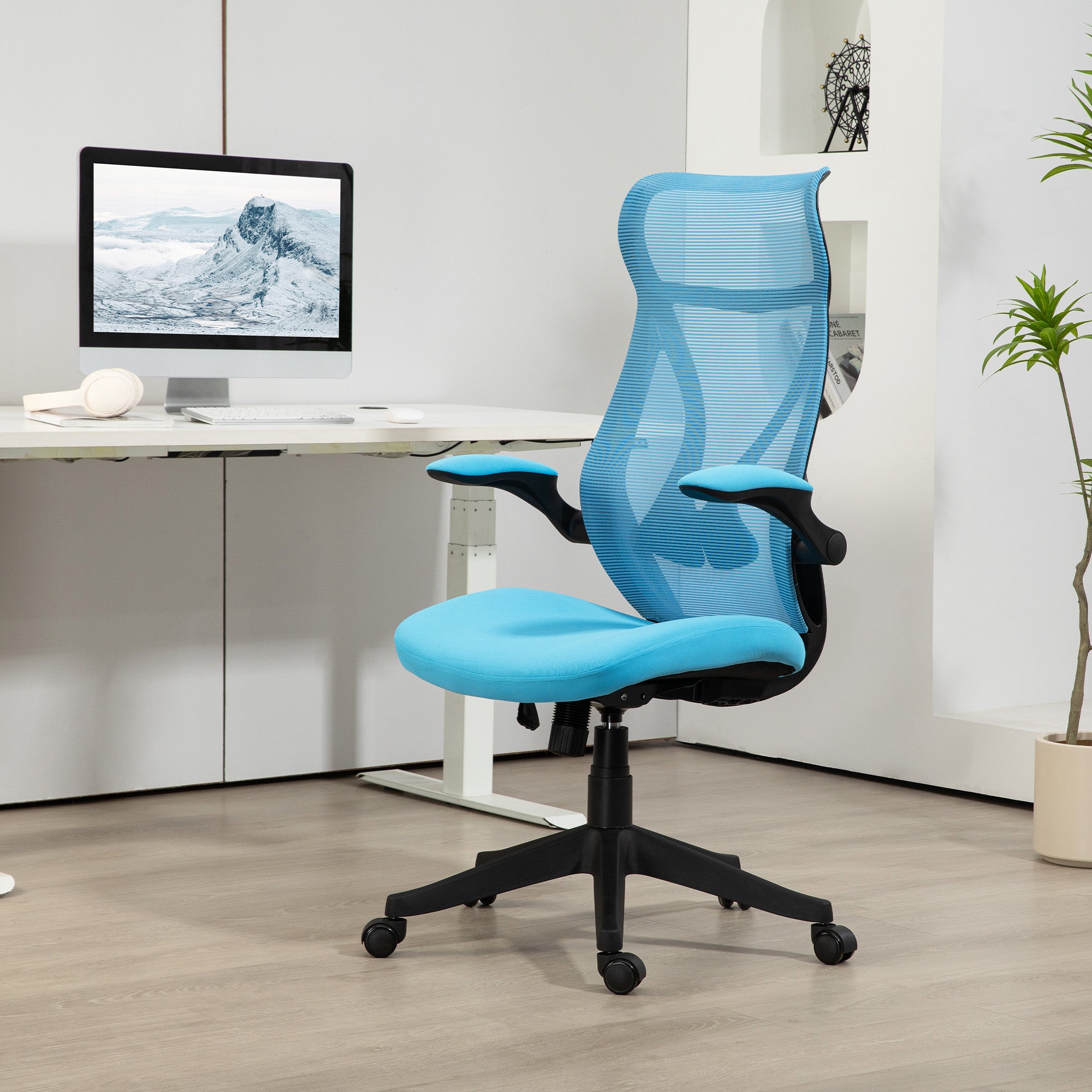 Cadeira de Escritório Azul Claro 66x66x113-121 cm com Altura Ajustável e Apoio para Braços Dobráveis